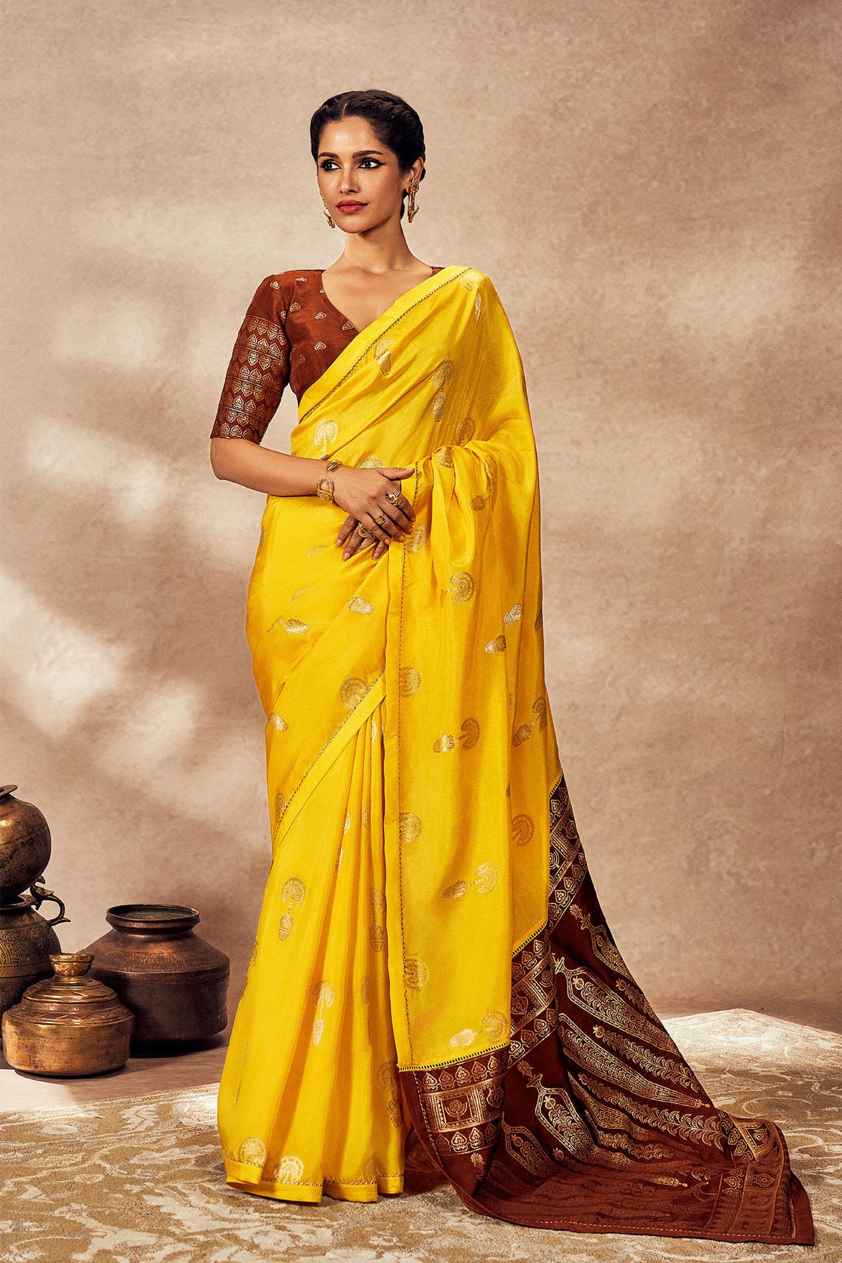 Brown and Yellow Jacquard Saree