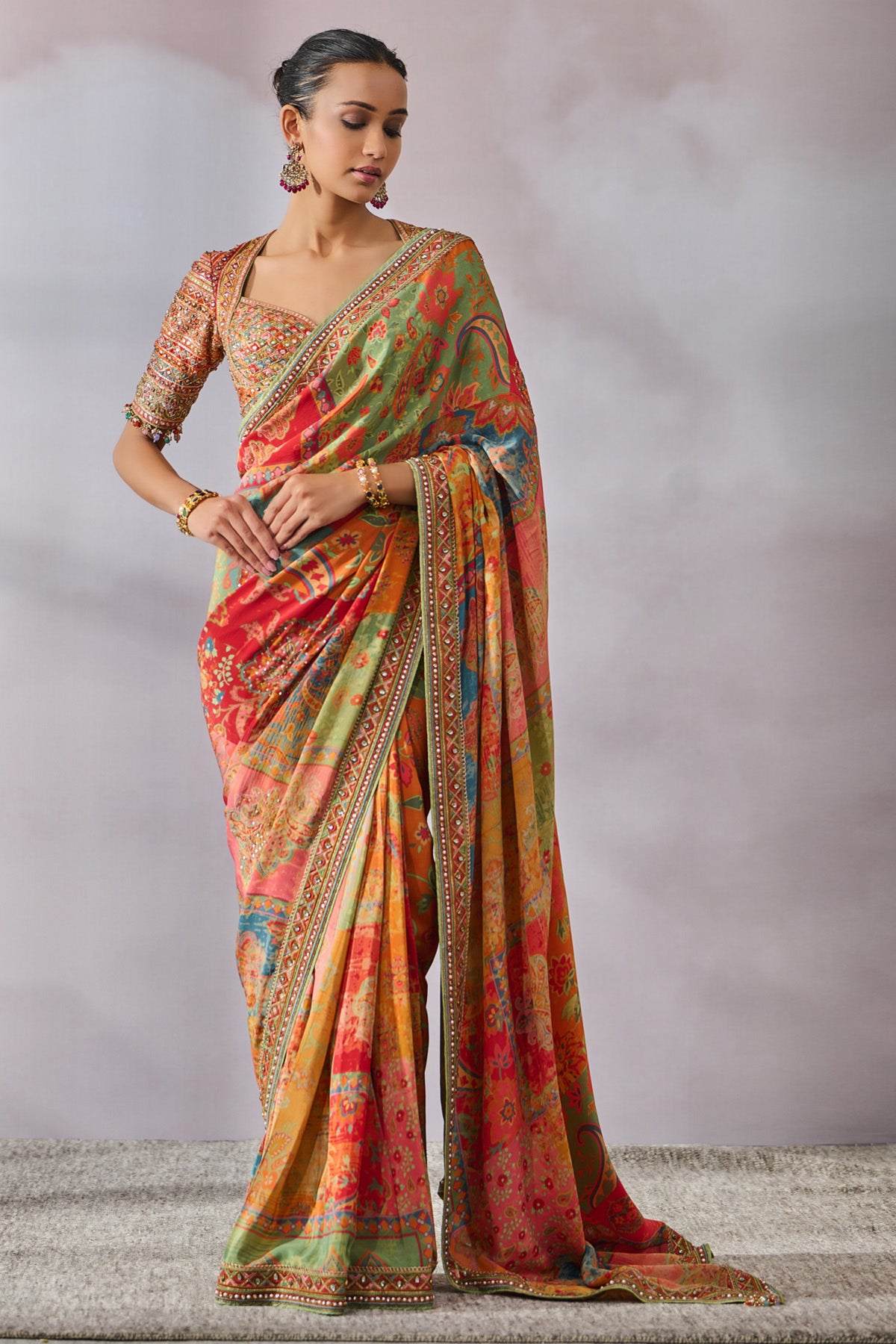 Printed Saree With Embroidered Border