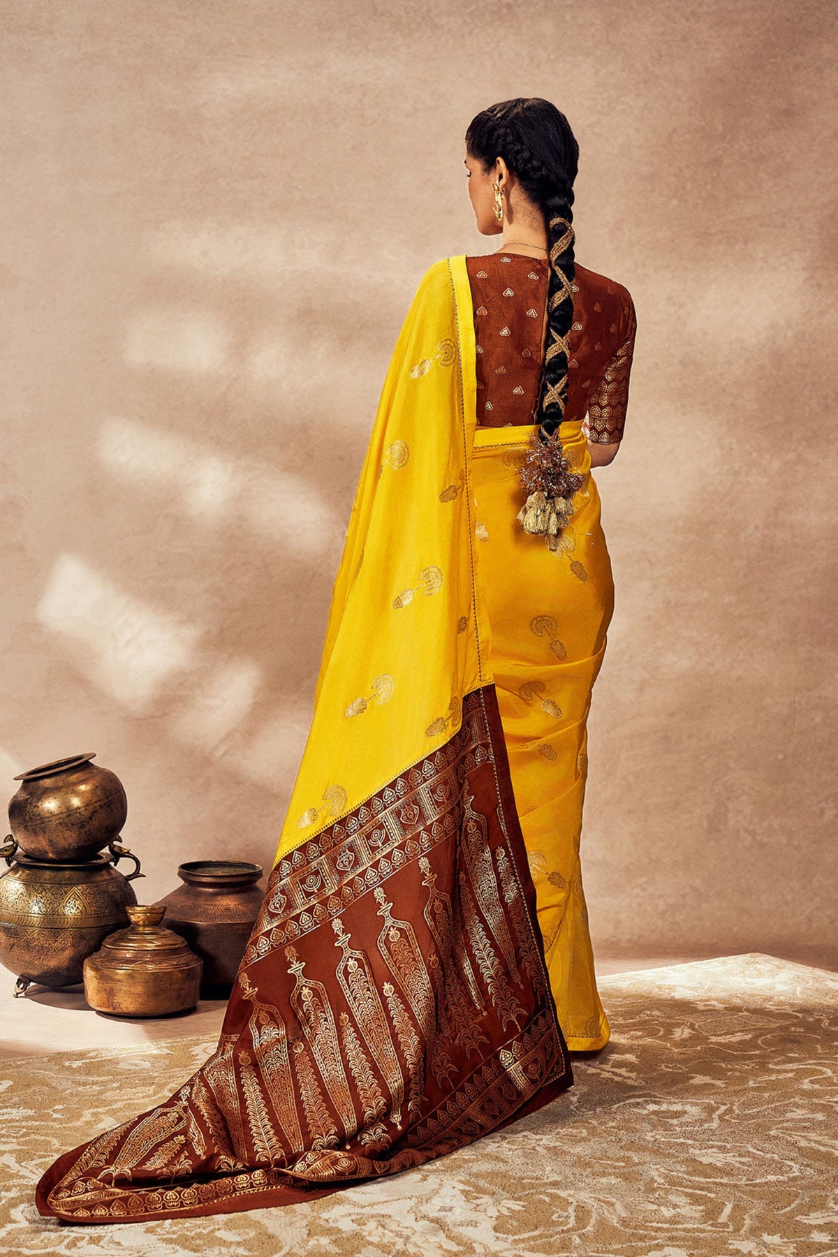 Brown and Yellow Jacquard Saree