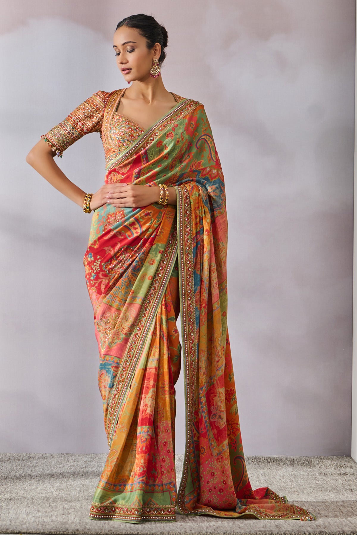 Printed Saree With Embroidered Border