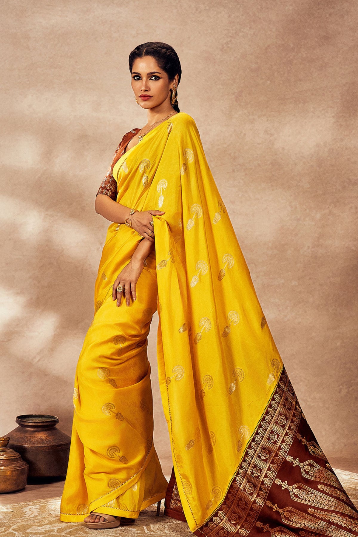 Brown and Yellow Jacquard Saree