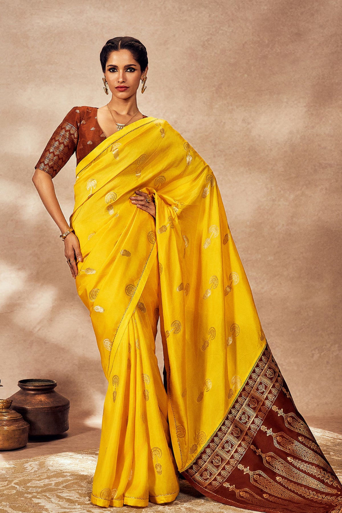 Brown and Yellow Jacquard Saree