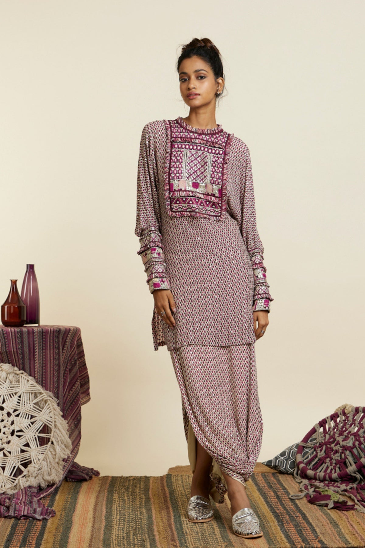 Merlot Geometric Printed Tunic Set