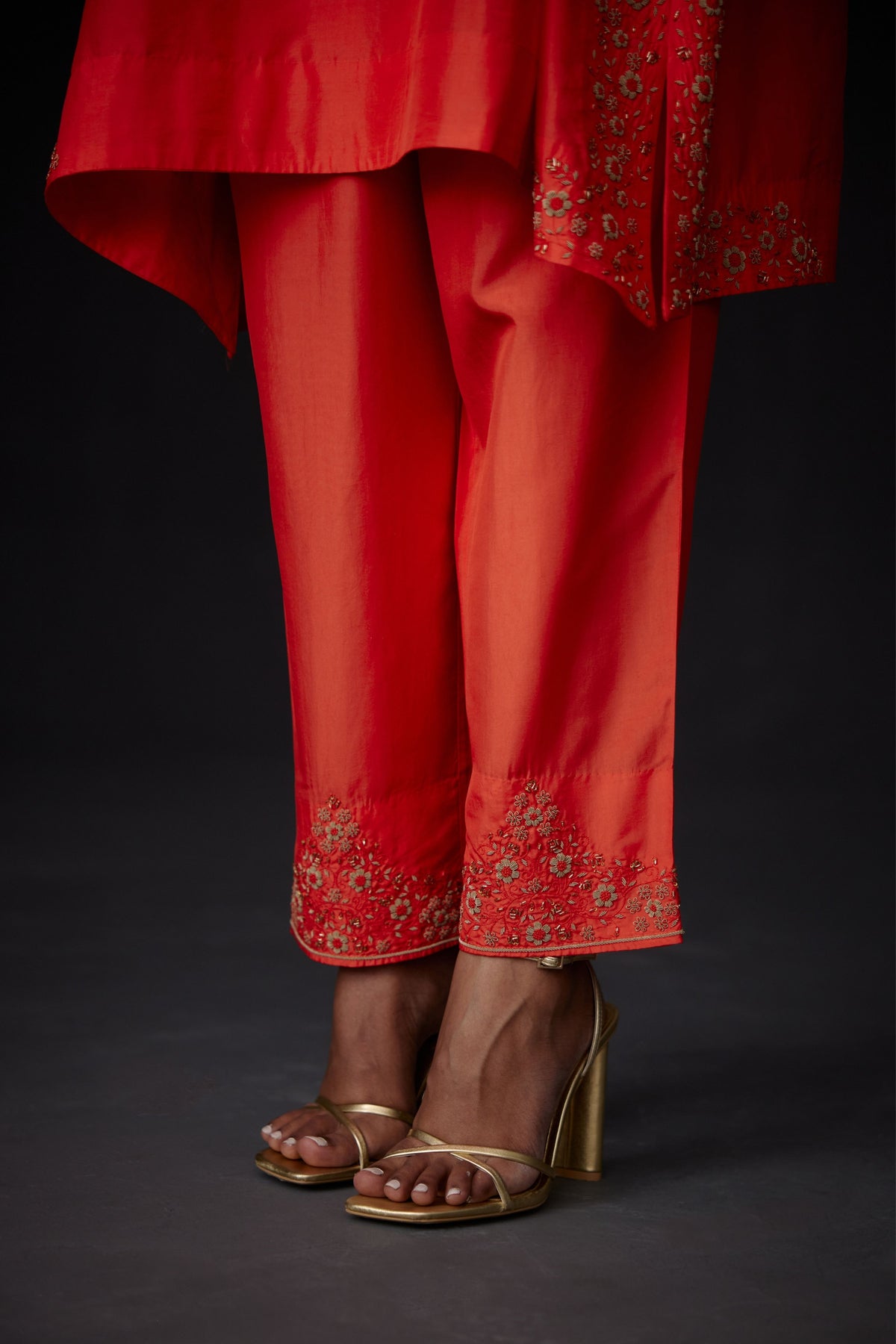 Embroidered Tunic &amp; Trouser Set in Scarlet Red