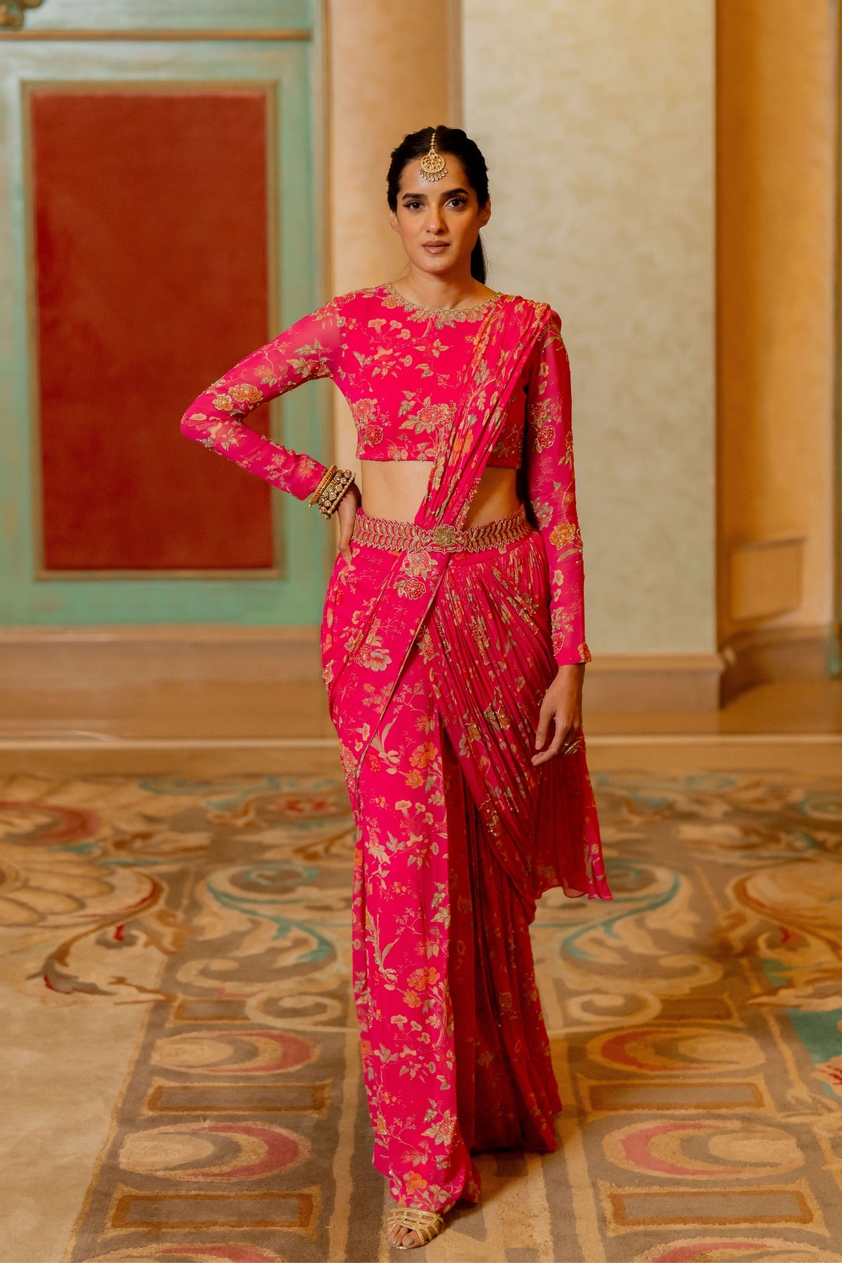 Pink Floral Printed Pre Draped Saree Set