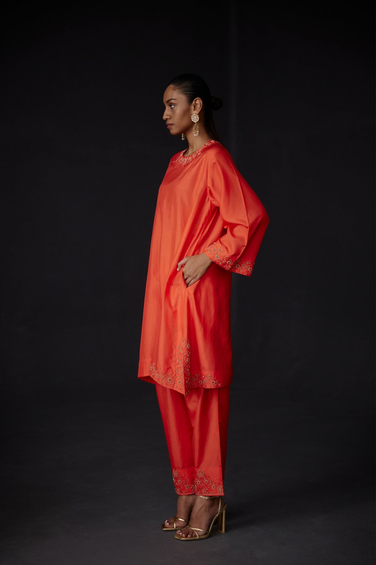 Embroidered Tunic &amp; Trouser Set in Scarlet Red