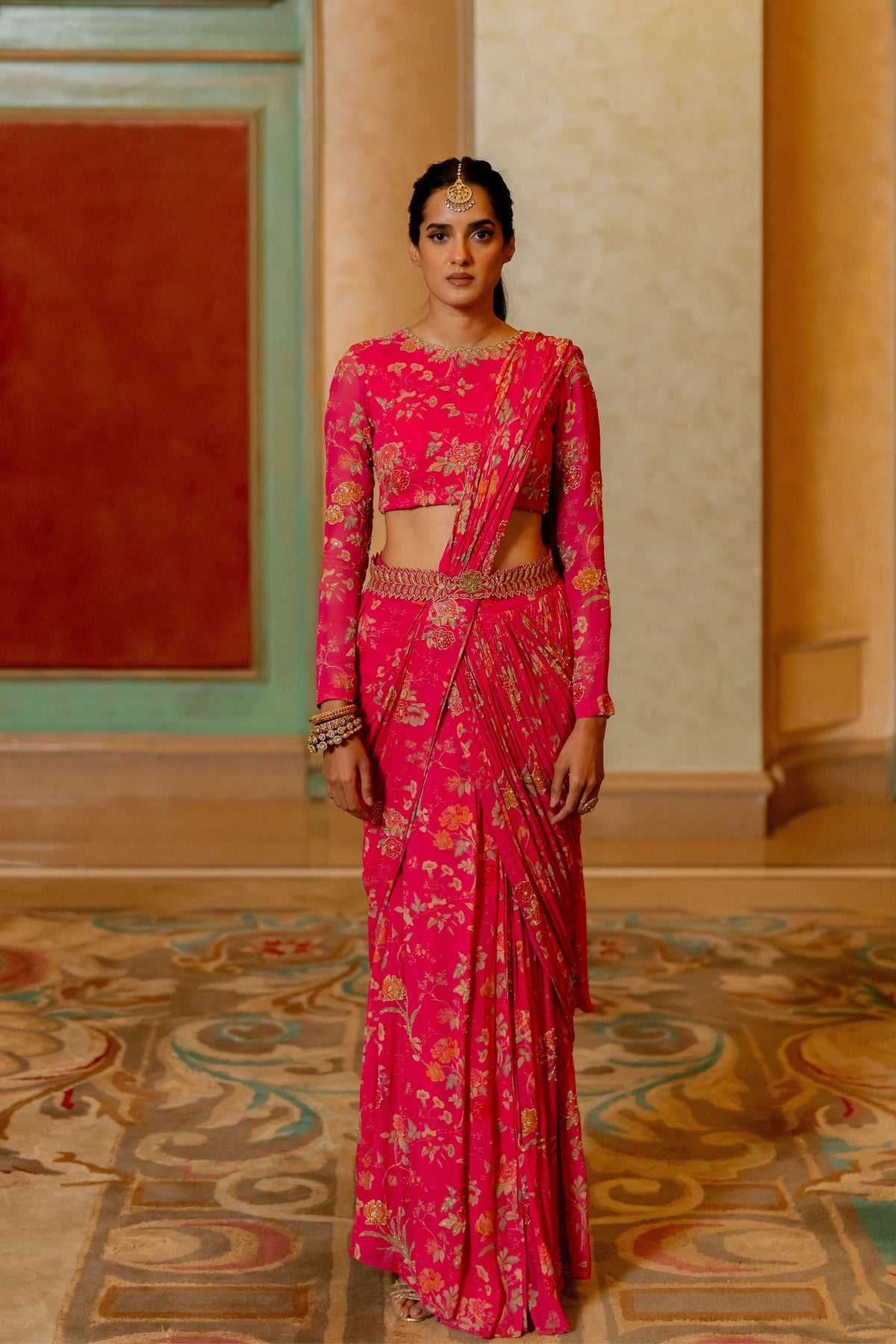 Pink Floral Printed Pre Draped Saree Set