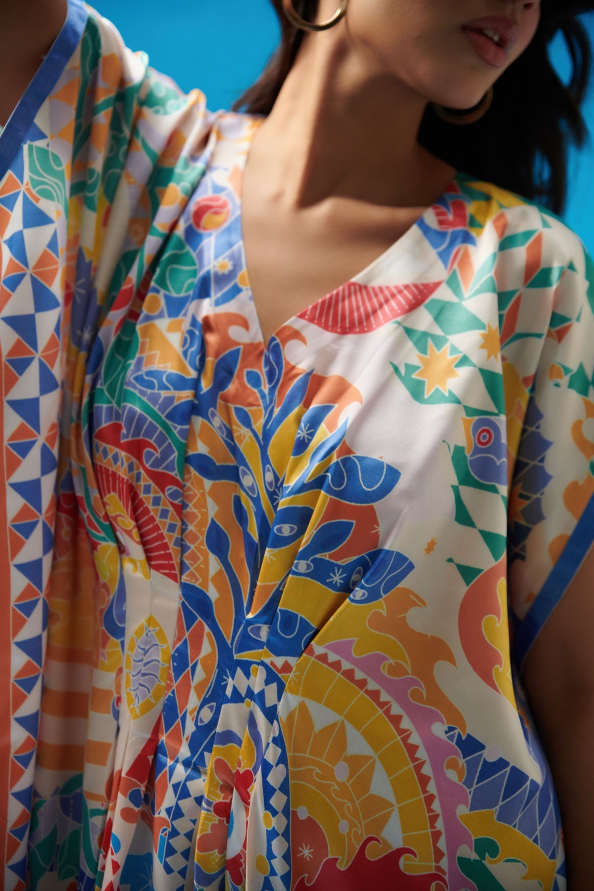 Multicolor Print Pleated Long Kaftan