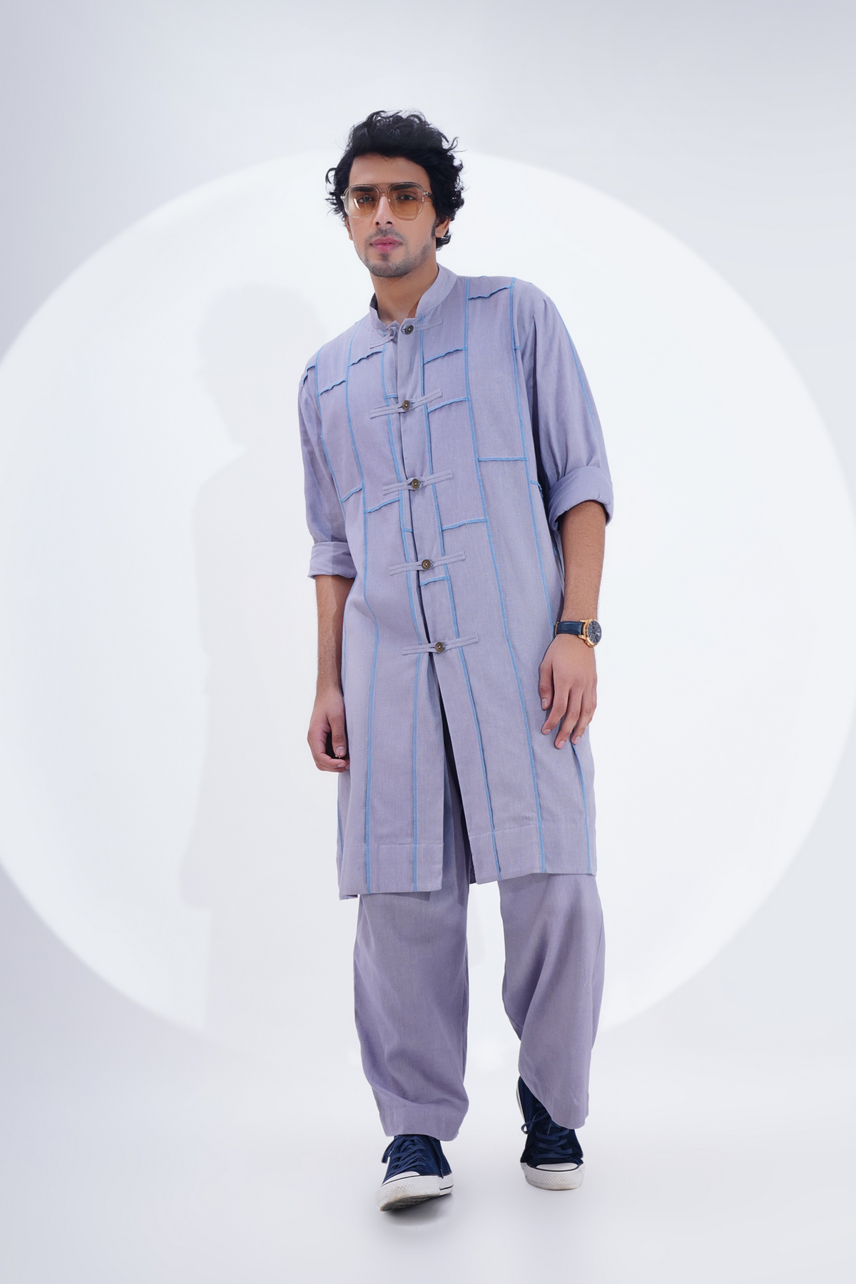 Grey Overlock Panel Detailing Kurta Set