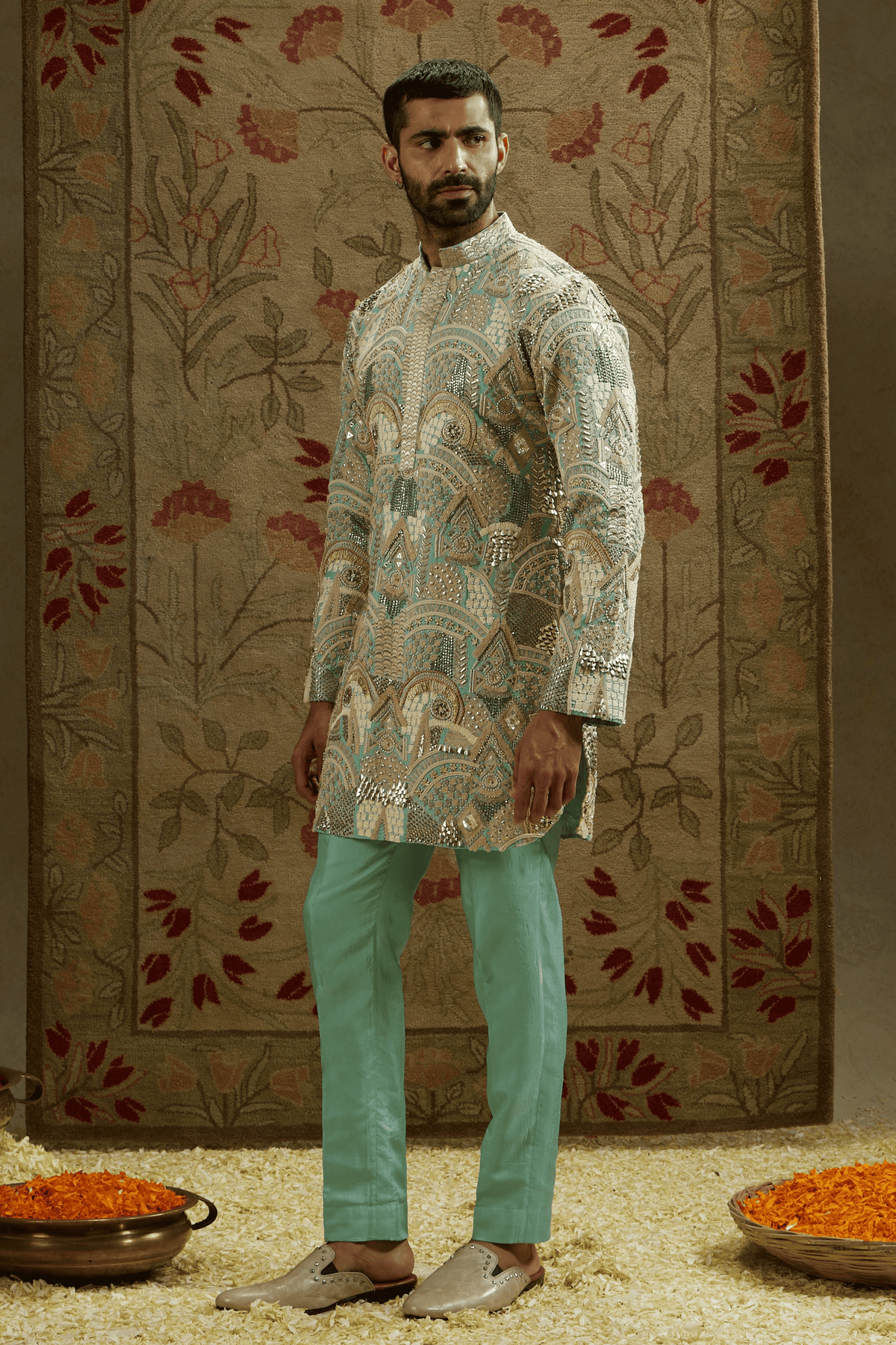 Teal Blue Embellished Kurta Set