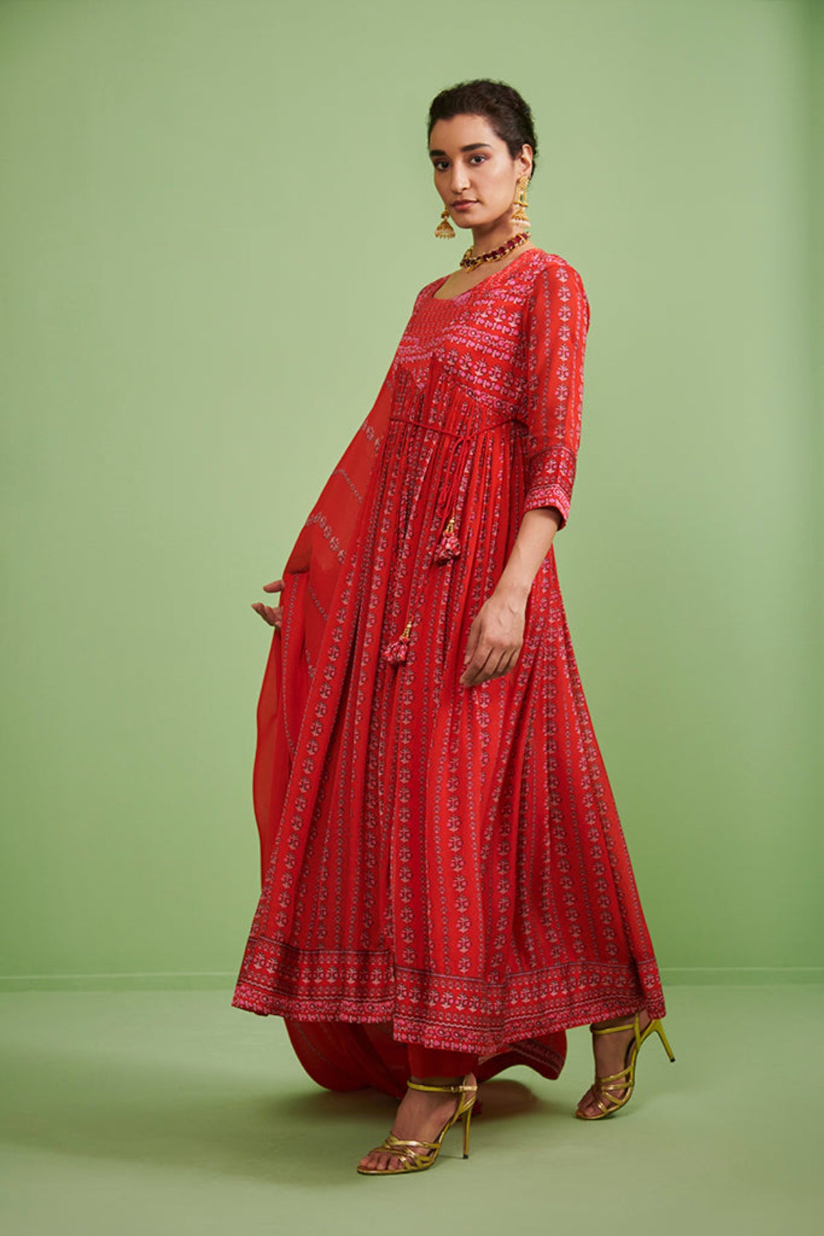 Red printed angrakha set