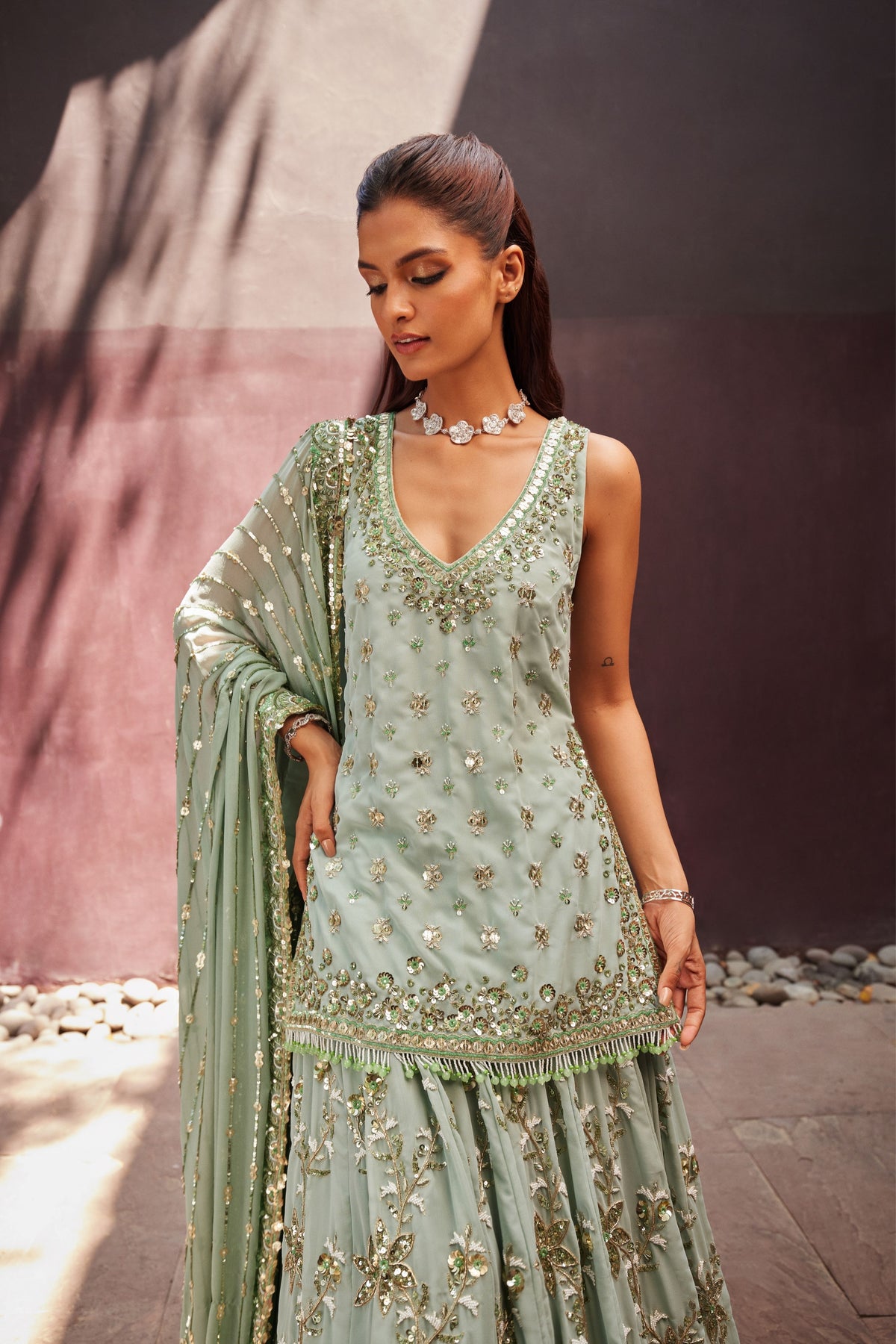 Mint Lehenga Kurti Set