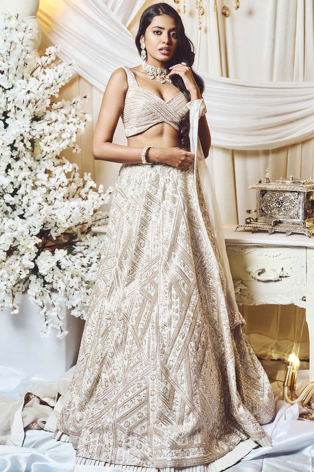 Chestnut White Lines Lehenga Set