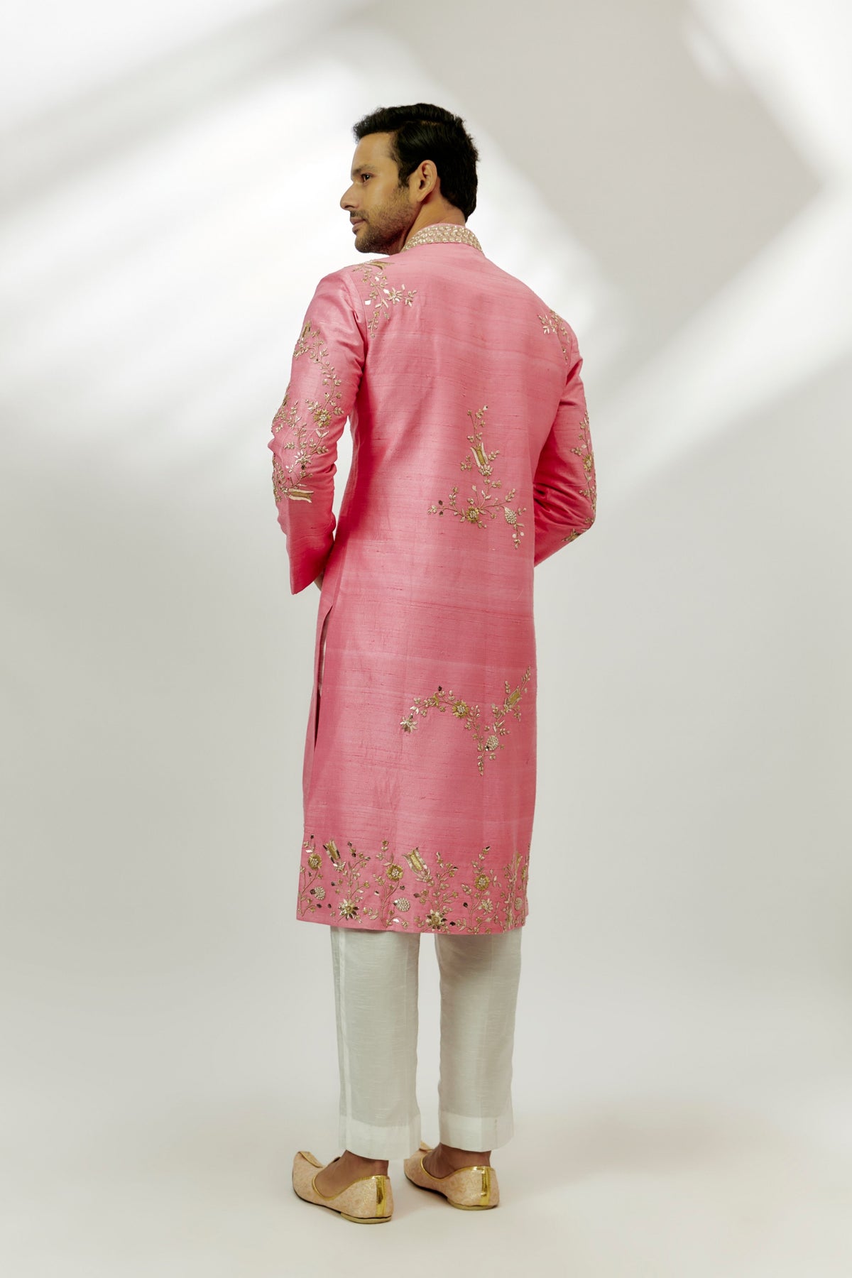 Pastel Pink Raw Silk Embroidered Sherwani Set