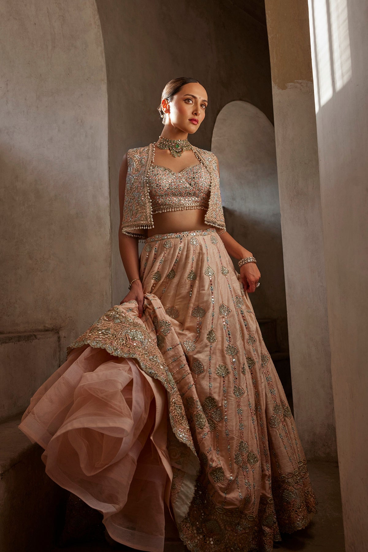 Peach Lehenga With Short Jacket and Bustier