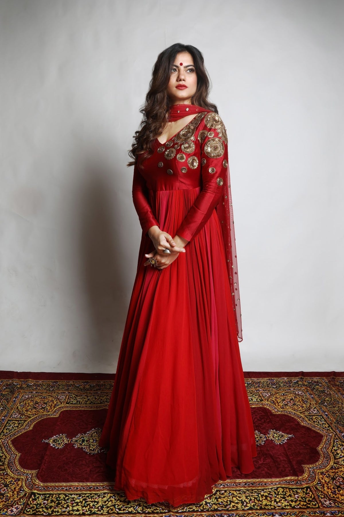 Red Anarkali With Embroidered Dupatta