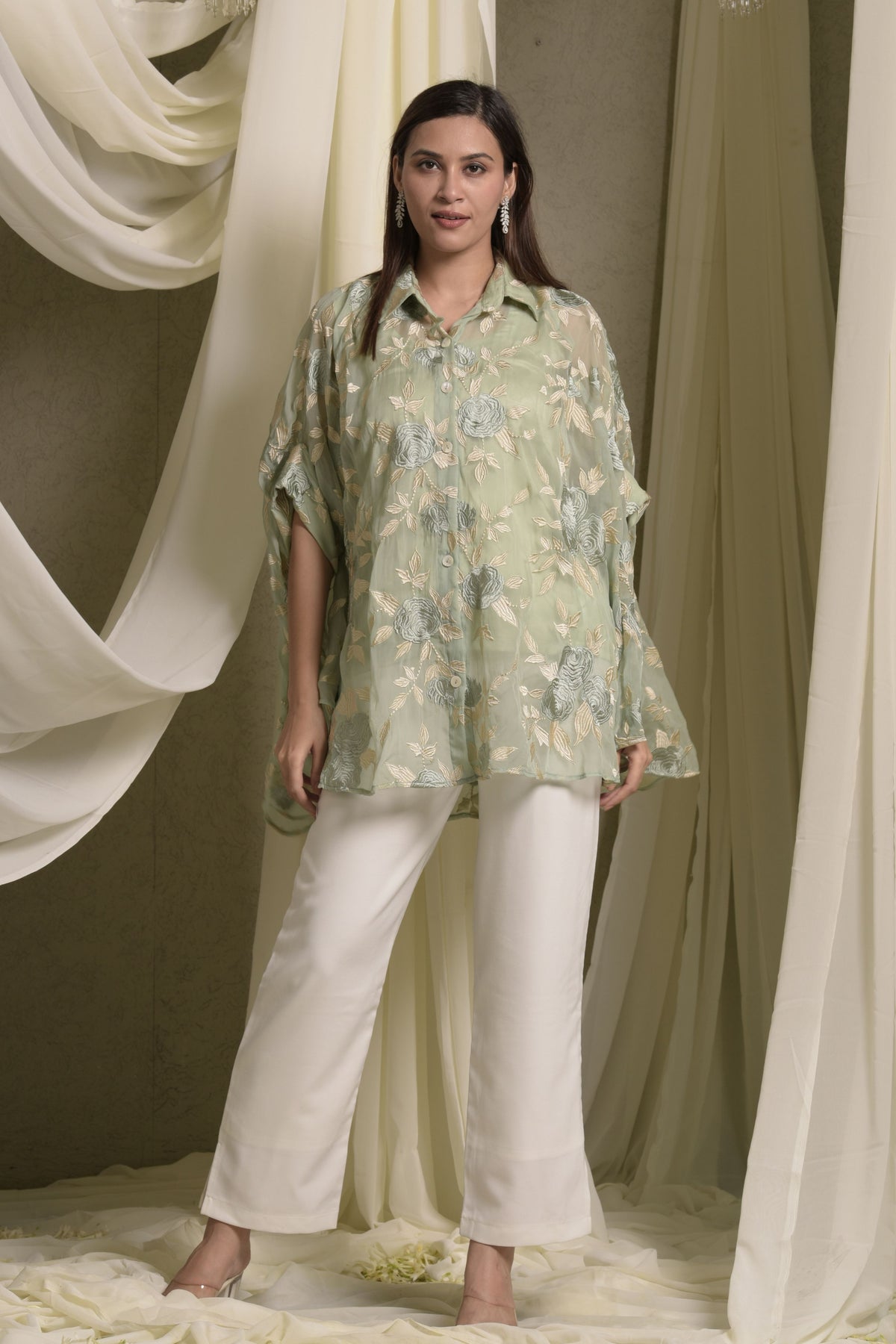 Elahe Embroidered Rose Sage Green Shirt