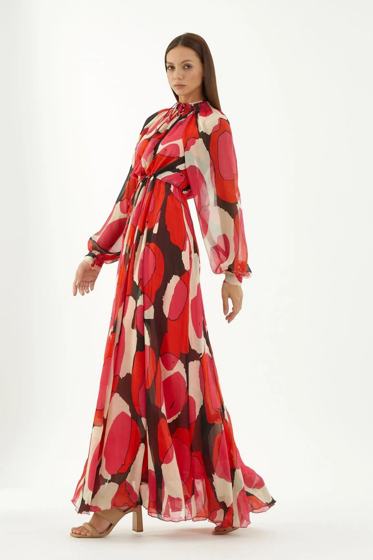 Red, Hot Pink, Beige And Black Long Kaftan Dress