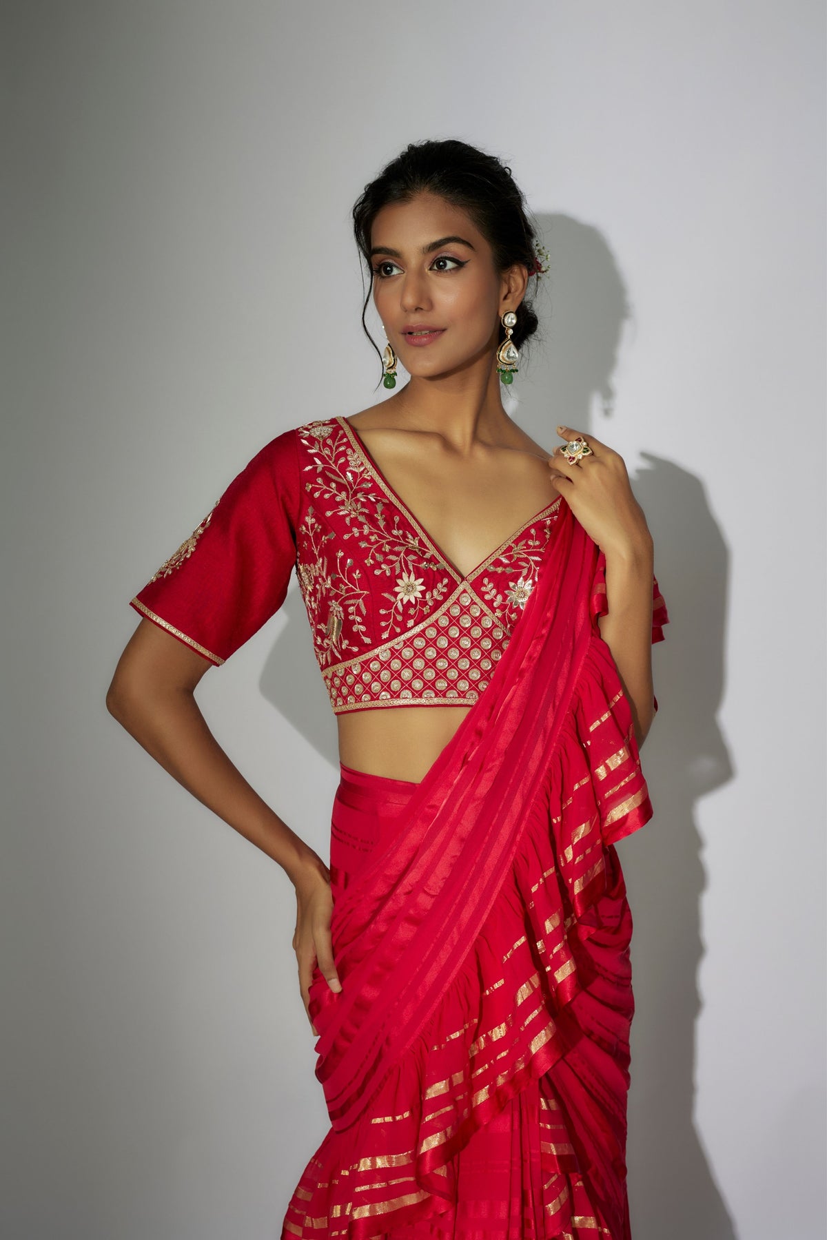 Cherry Red Pre-stitched Saree Set