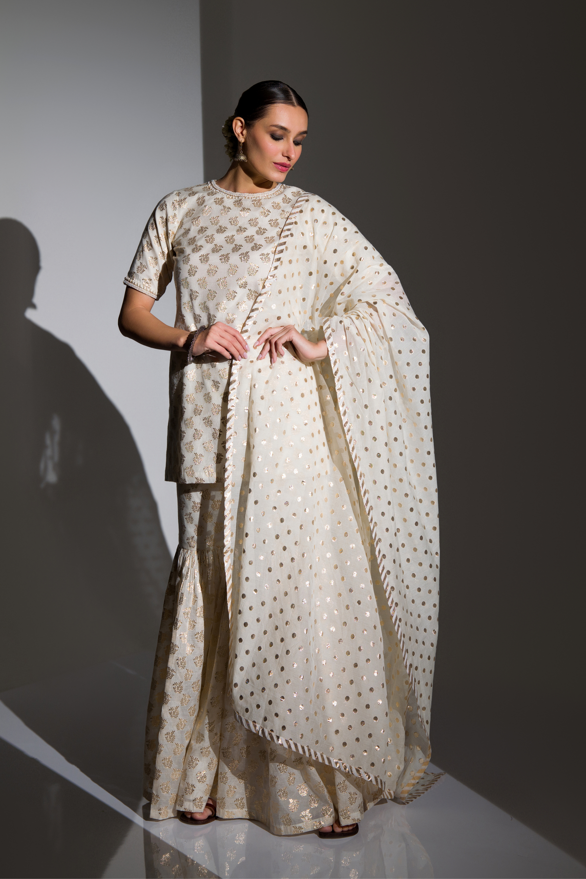 Ivory And Gold Embellished Kurta Sharara Set