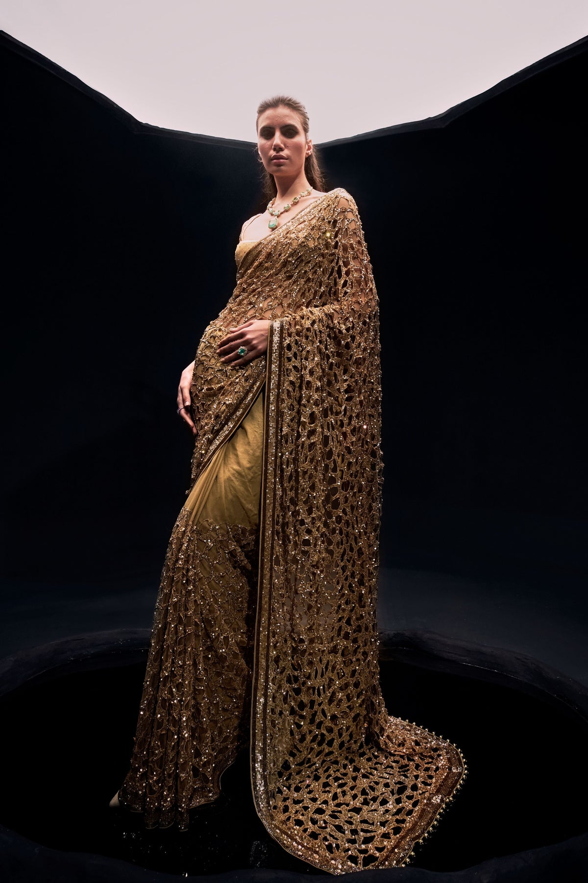 Golden Cut Work Saree