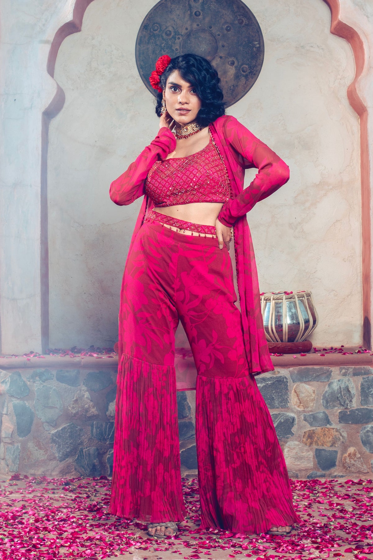 Maroon Embroidered and Printed Garara Set