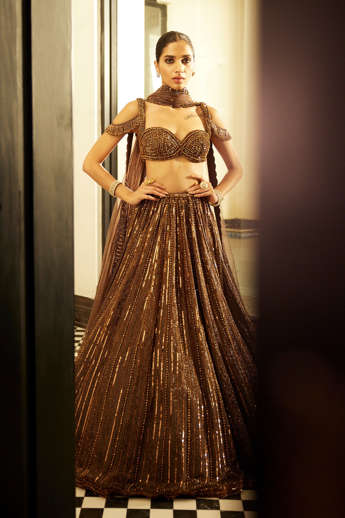 Copper Crystal Embroidered Lehenga Set