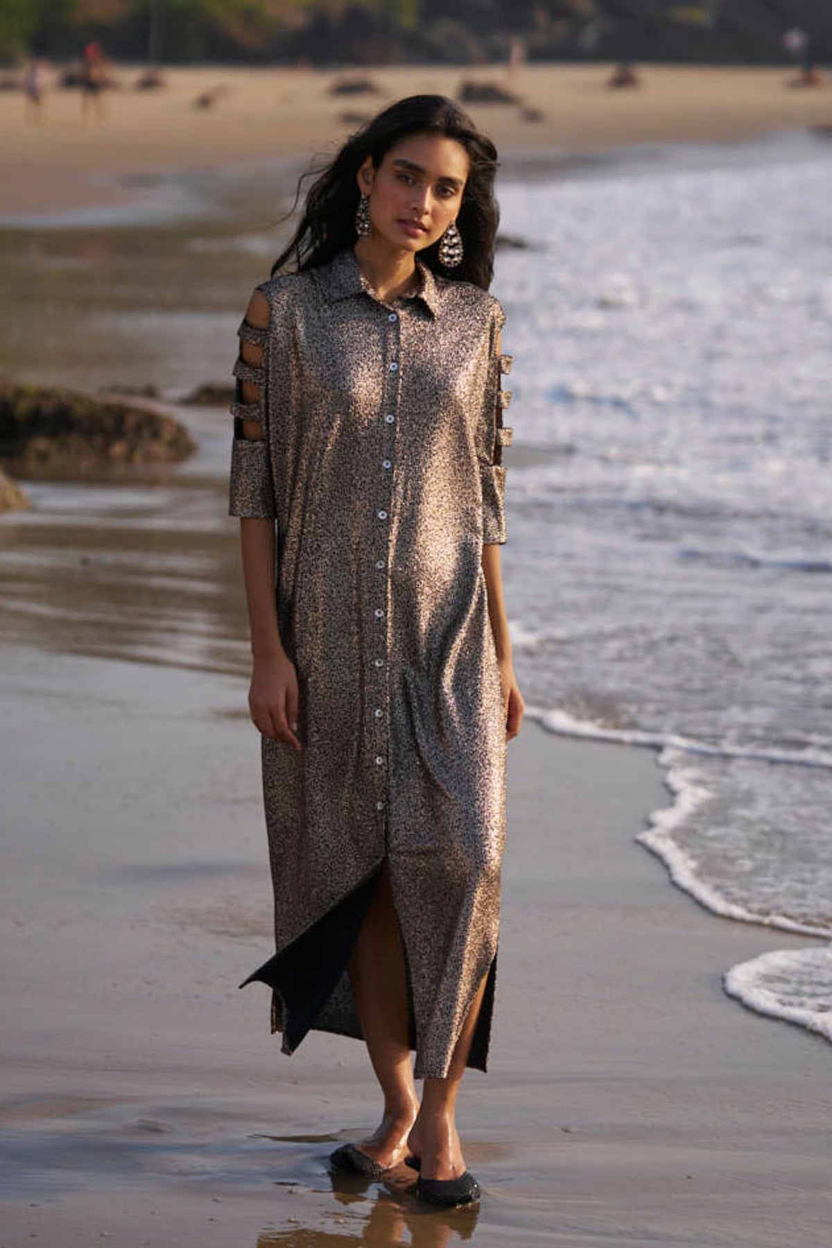 Shimmering Cutout Sleeve Shirt Dress