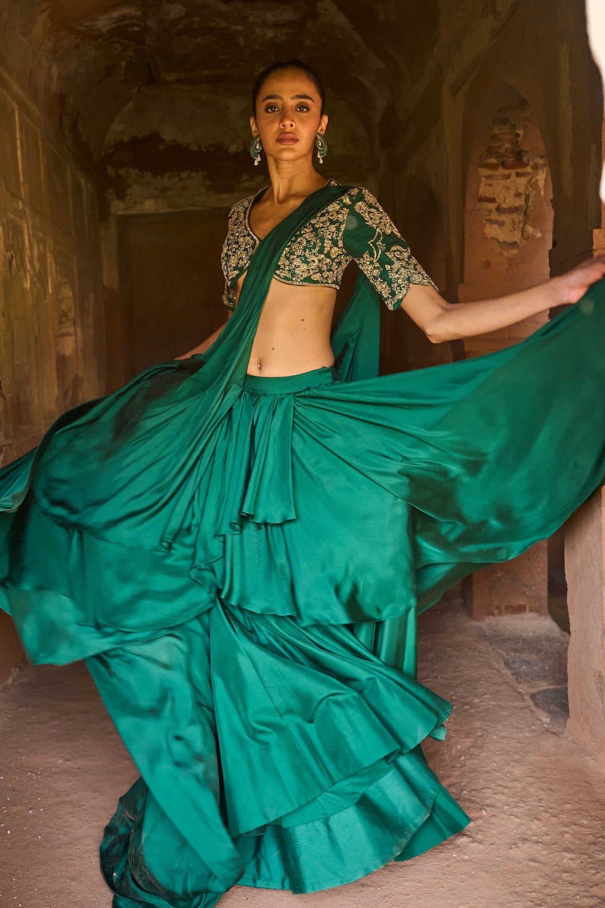 Emerald Green Draped Saree Set