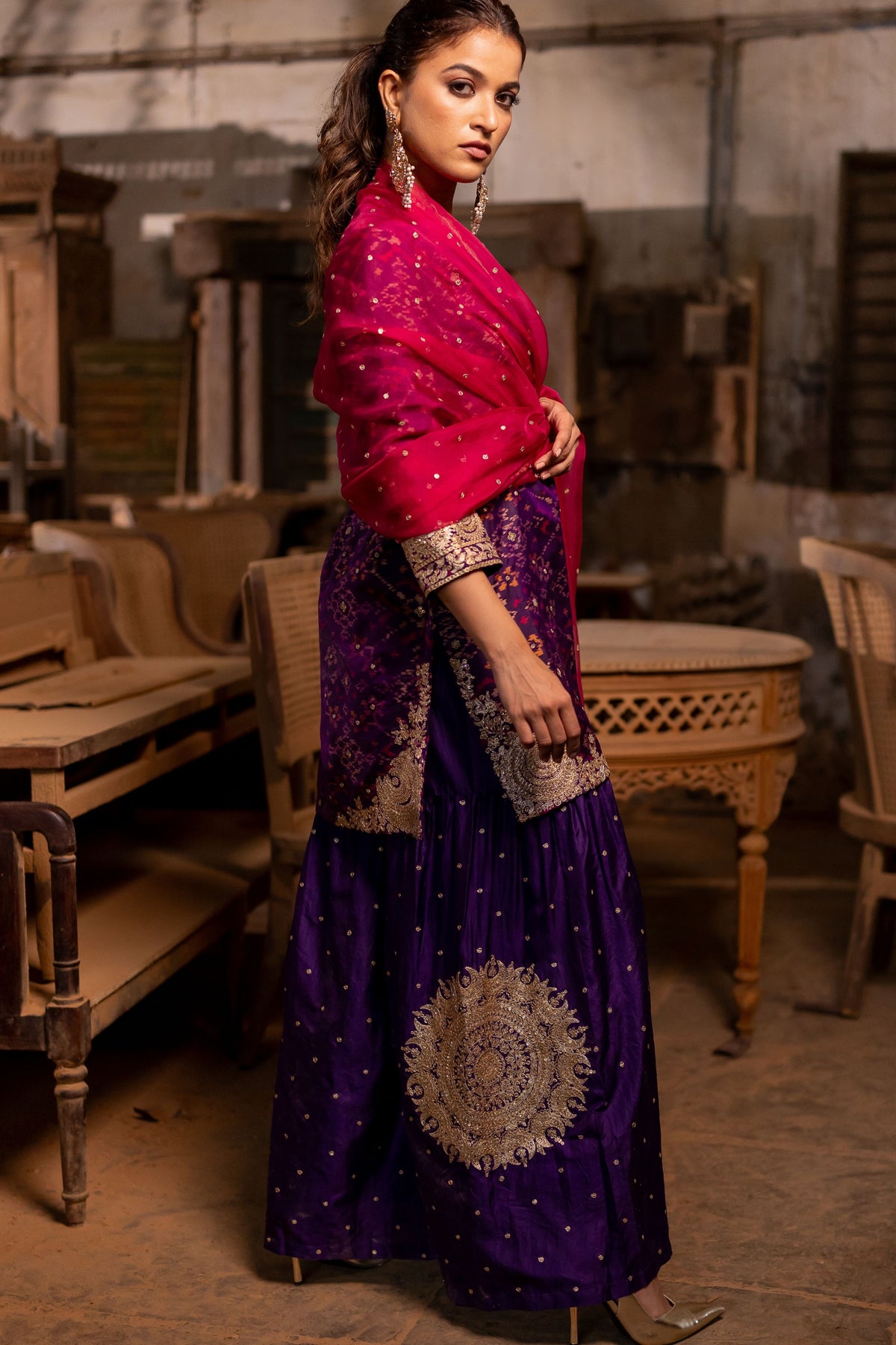 Purple Short Kurta With Sharara