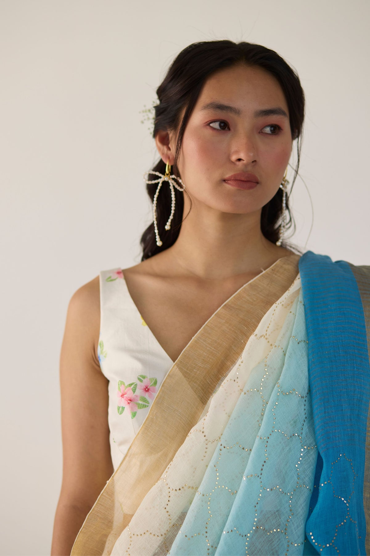 Blue Ombre Sari With Gold Dot Print