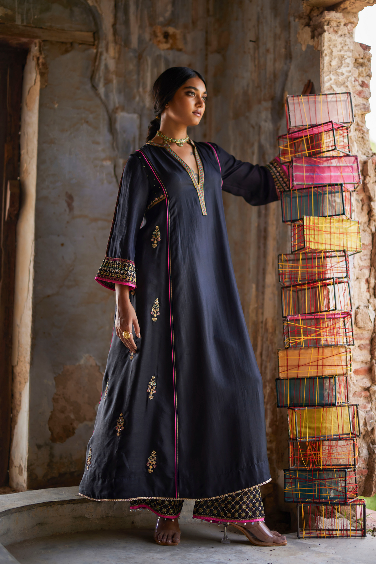 Nadira Black Silk Butti Kurta Set