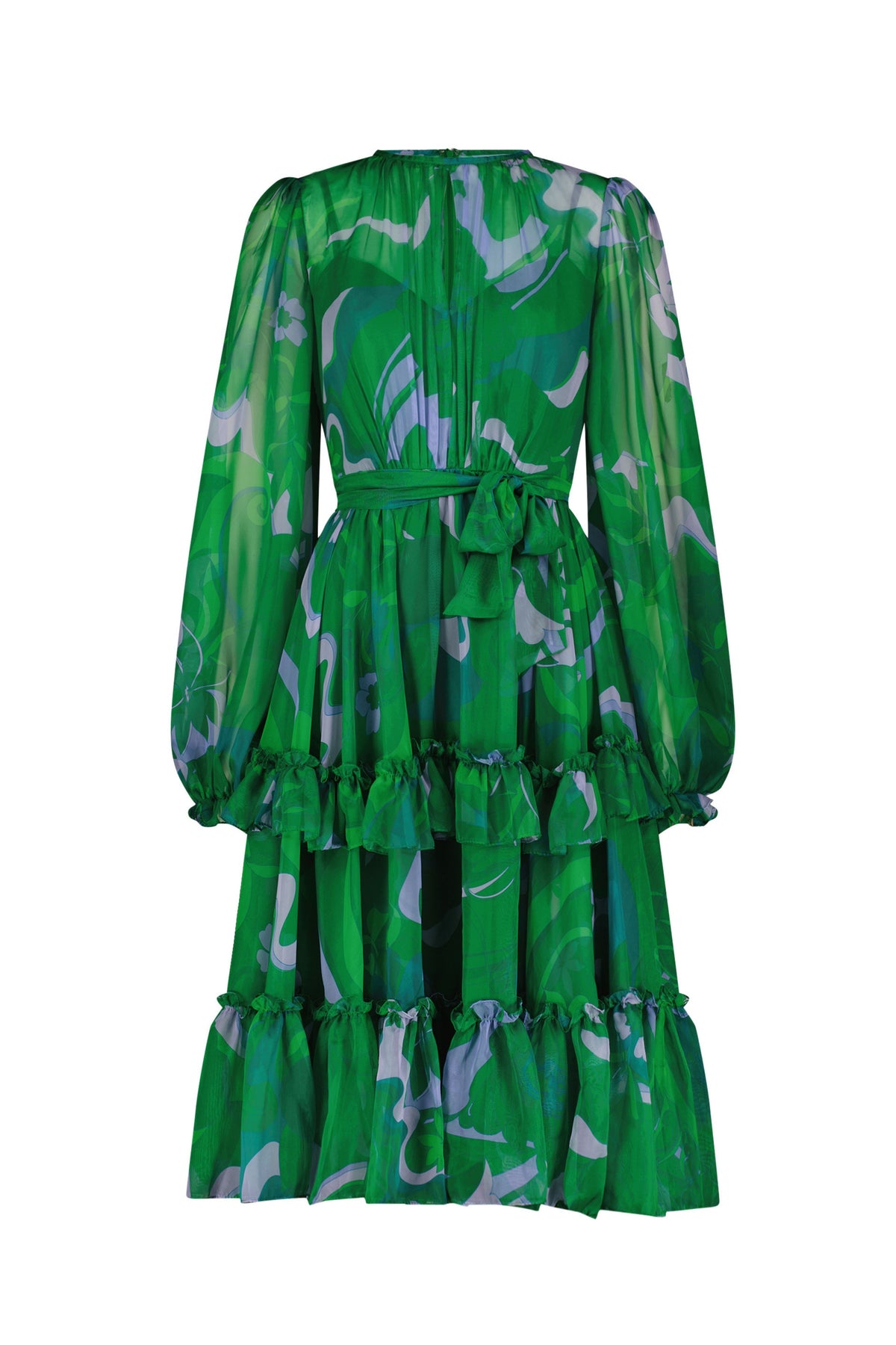 Green Printed Chiffon Midi Dress