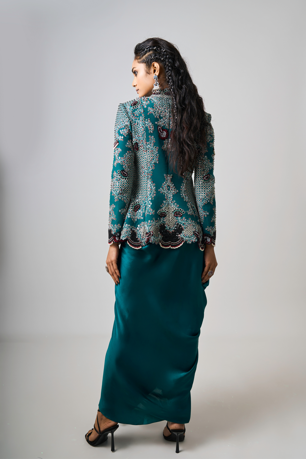 Teal Embroidered Jacket With Skirt