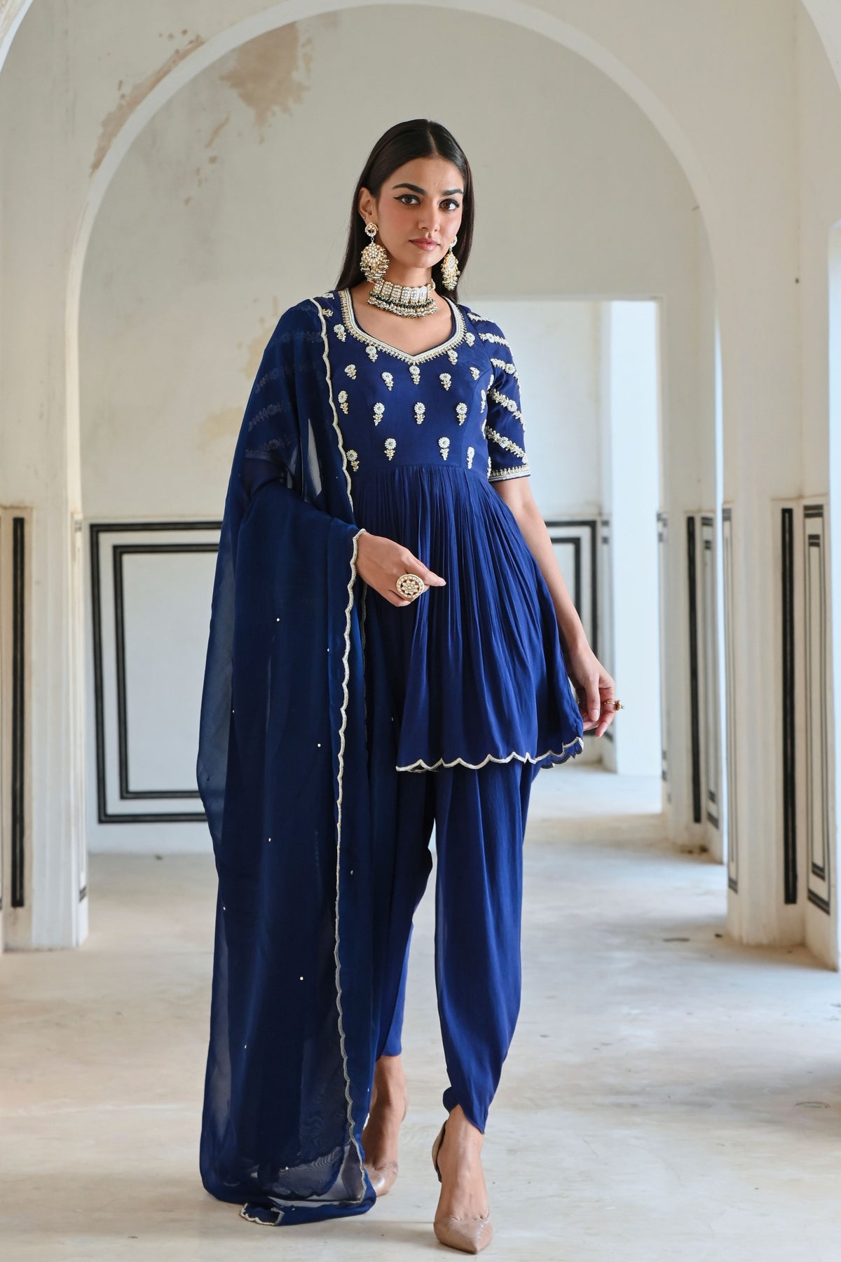 Royal Blue Embroidered Peplum Set