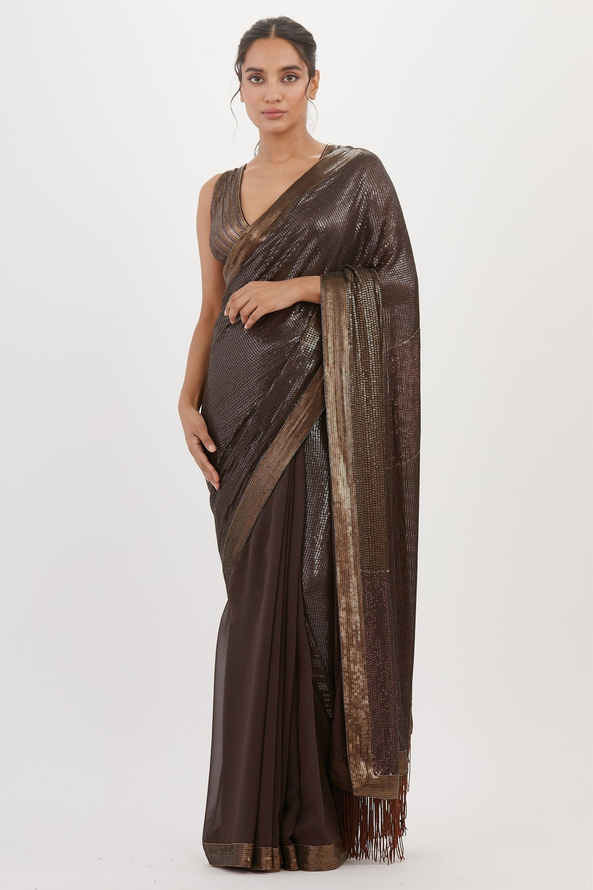 Coffee Sequin Saree Set