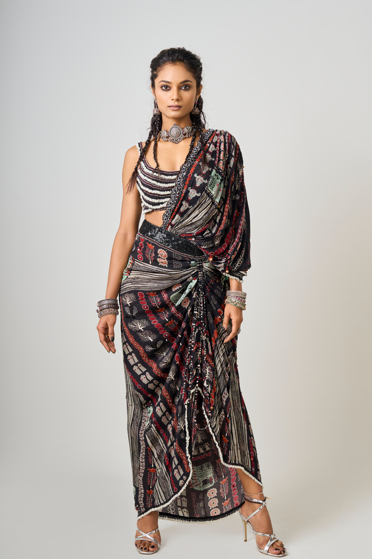 Printed Embroidered Drape Saree Set