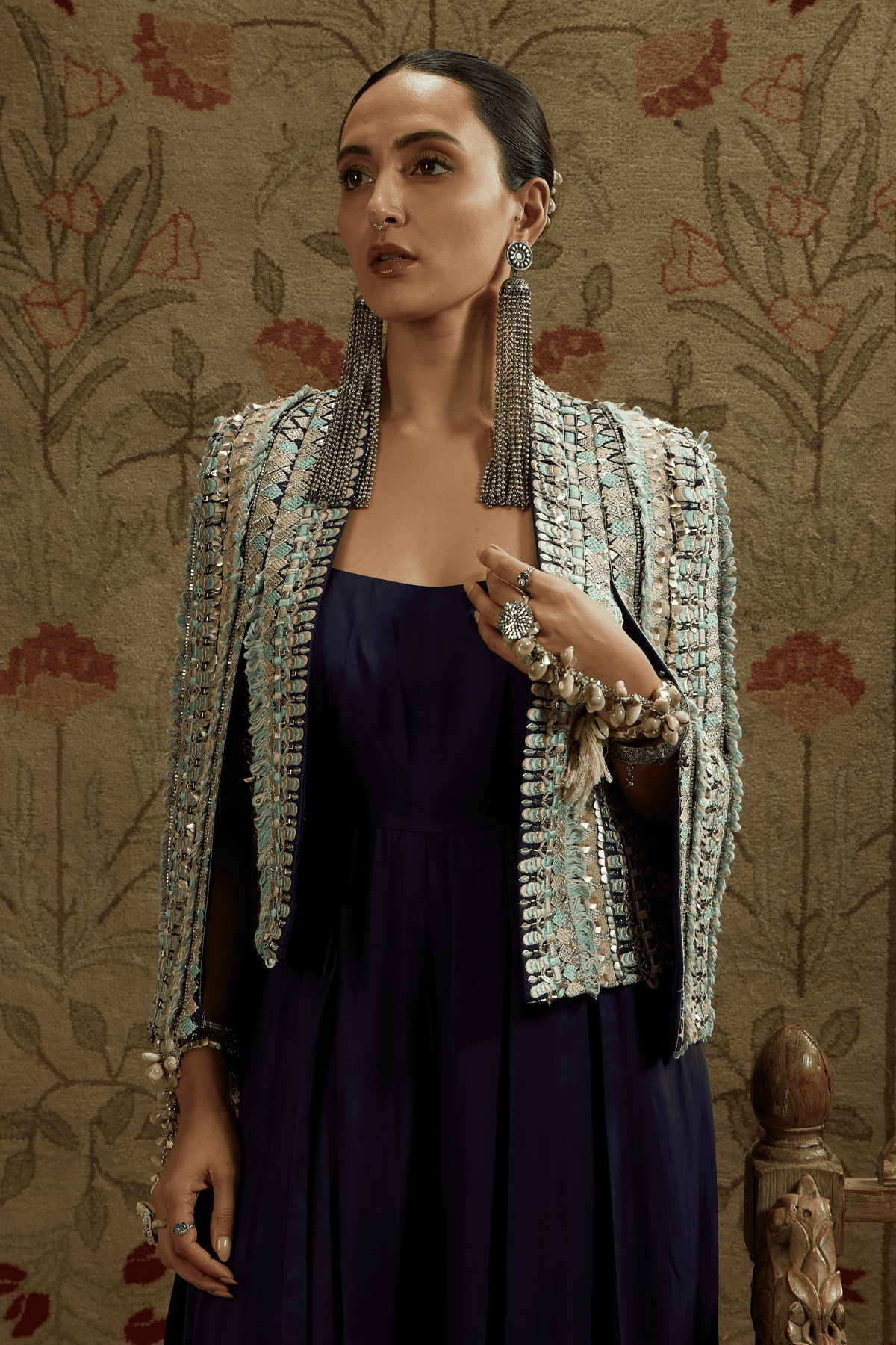 Embellished Jacket With Blue Jumpsuit