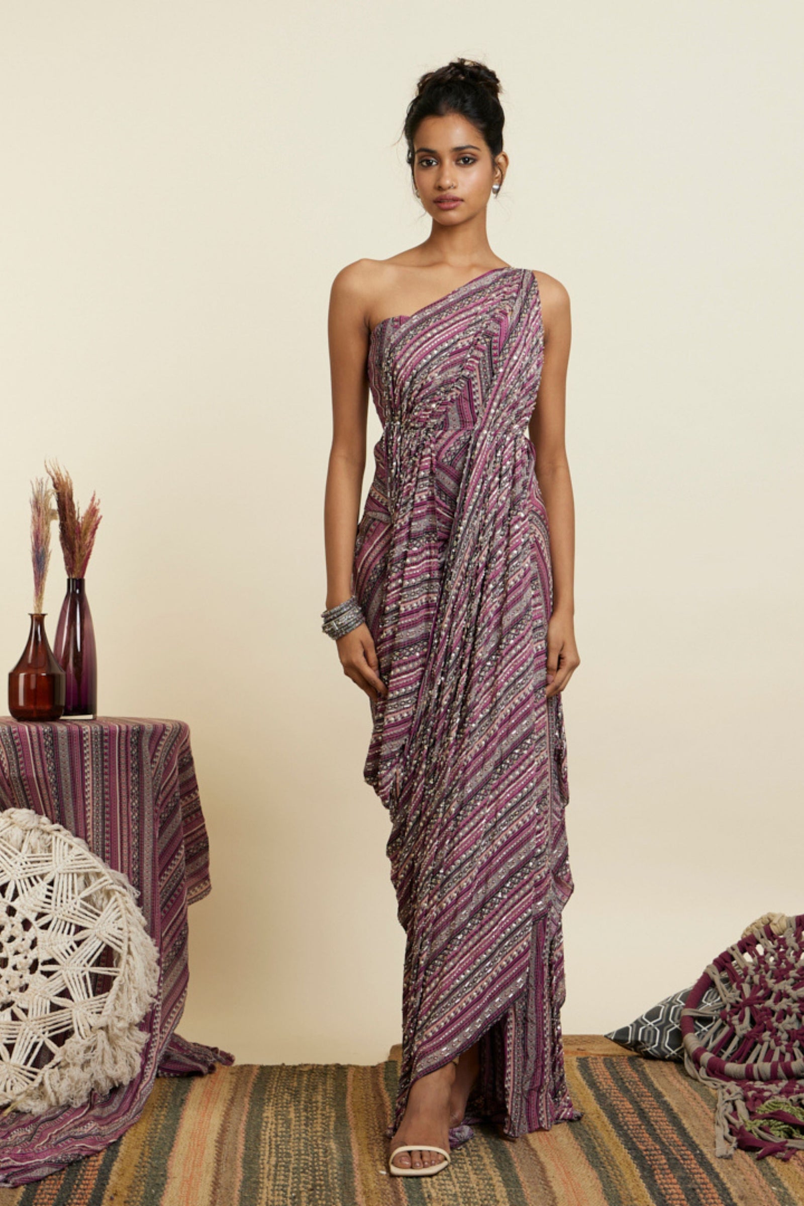 Multi-Colored Shimmer Crepe Printed Draped Dress With Belt Design by SVA BY  SONAM & PARAS MODI at Pernia's Pop Up Shop 2024