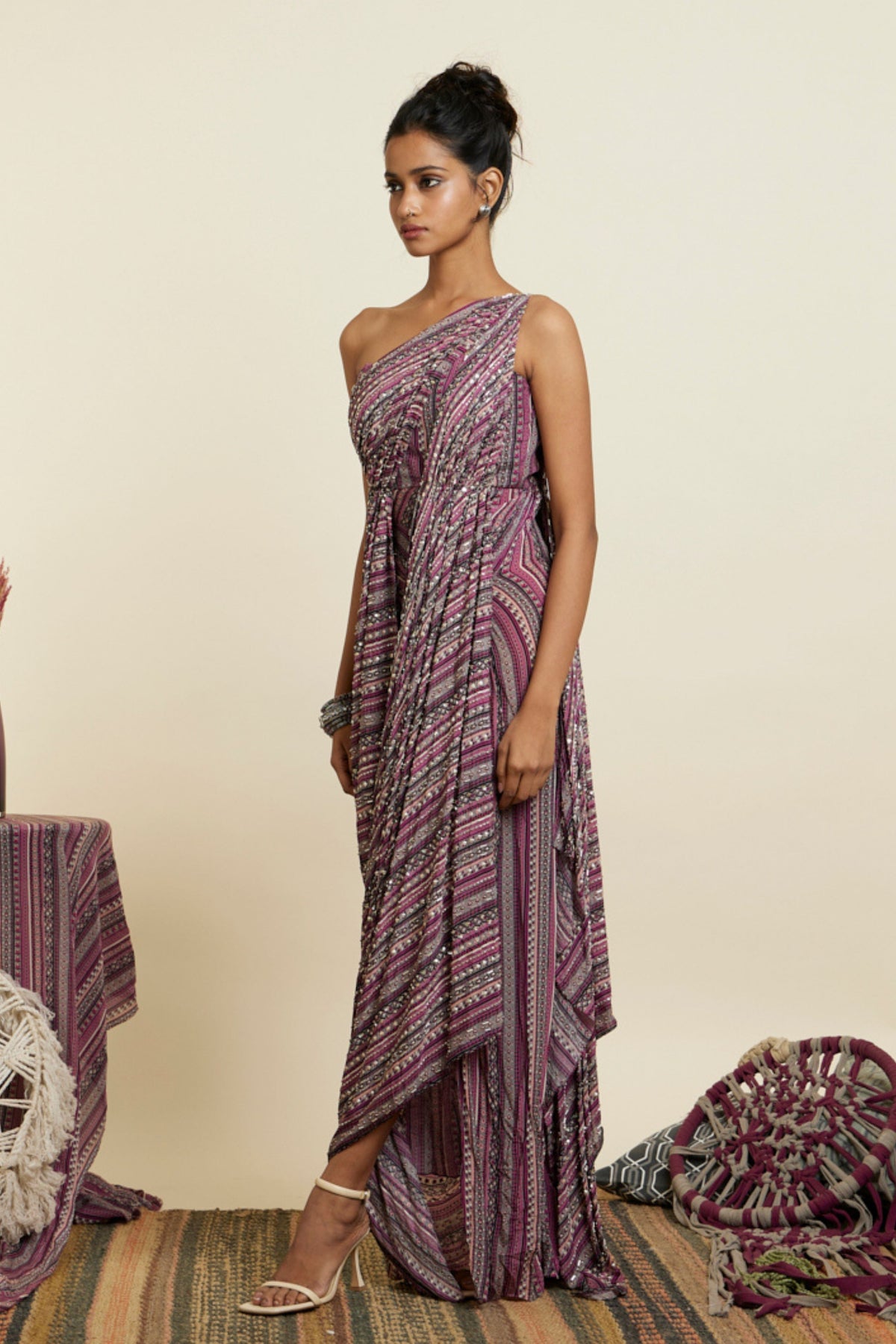 Merot Boho Stripe Embellished Gown