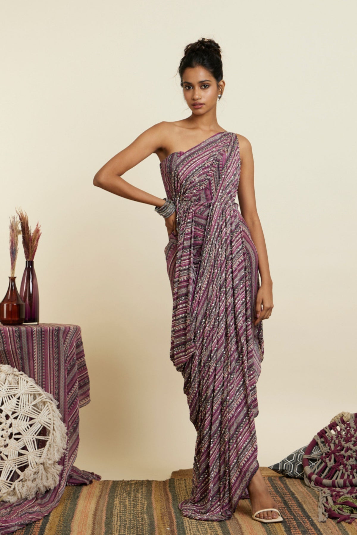 Merot Boho Stripe Embellished Gown