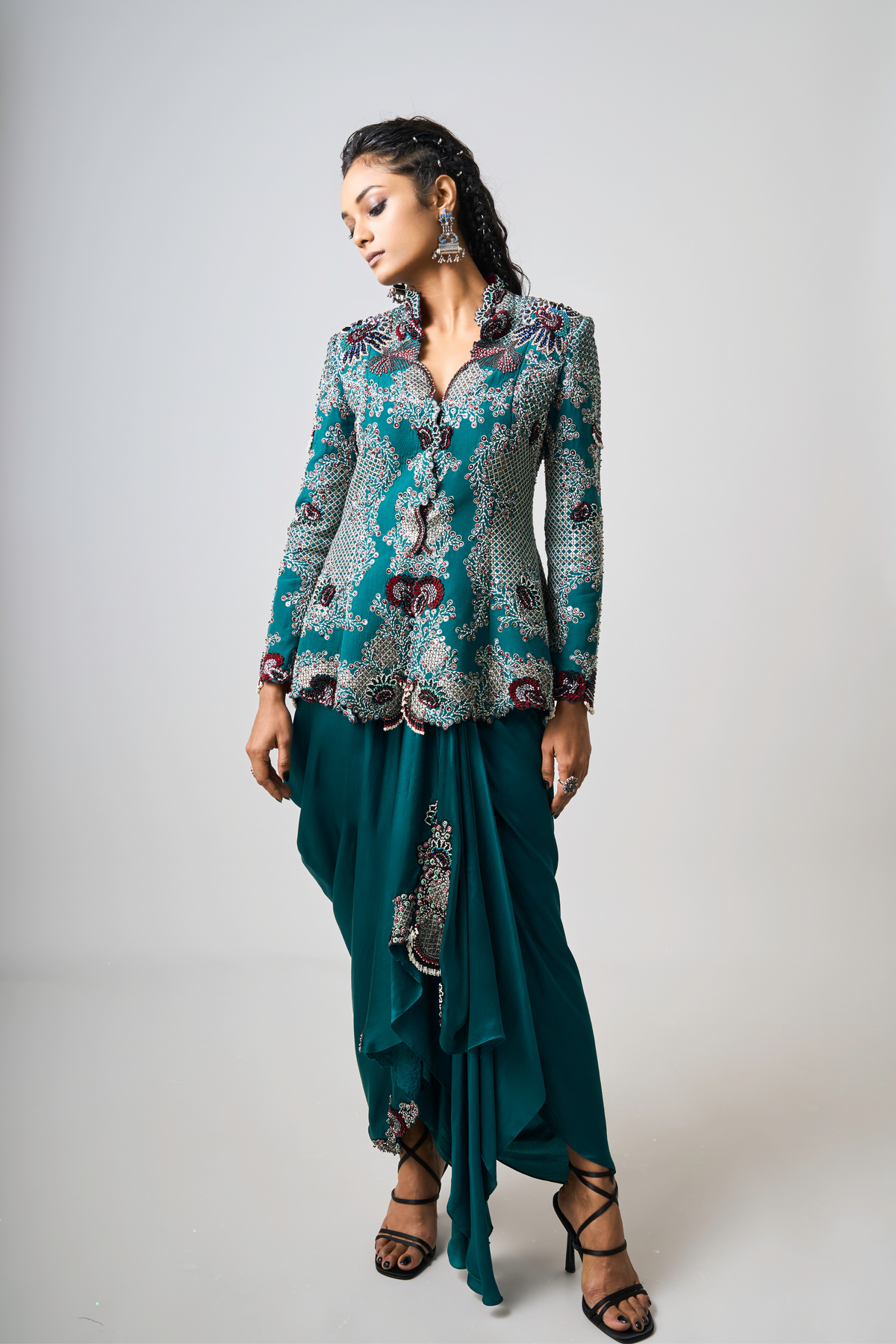 Teal Embroidered Jacket With Skirt