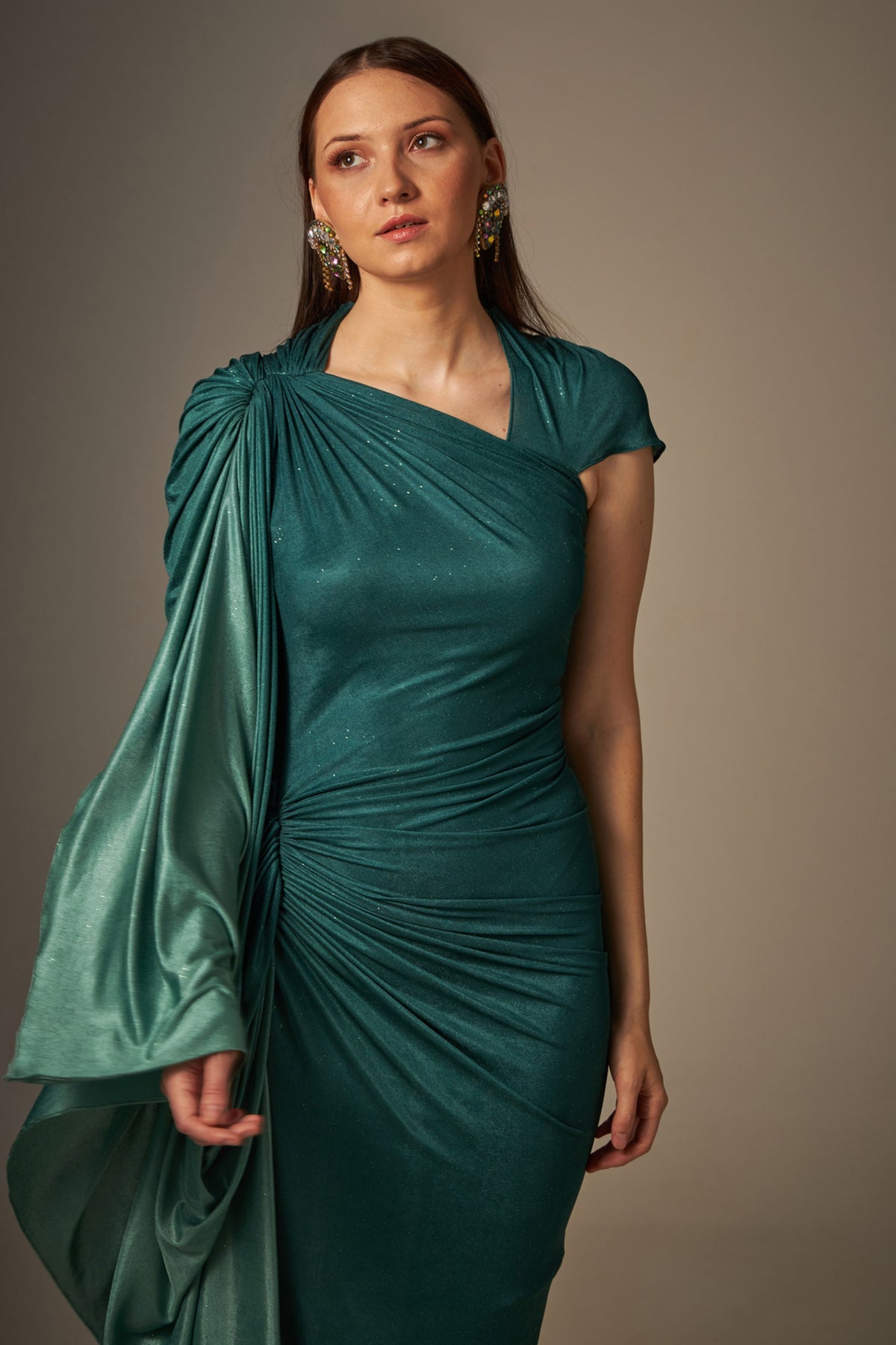 Green Stretch Draped Gown