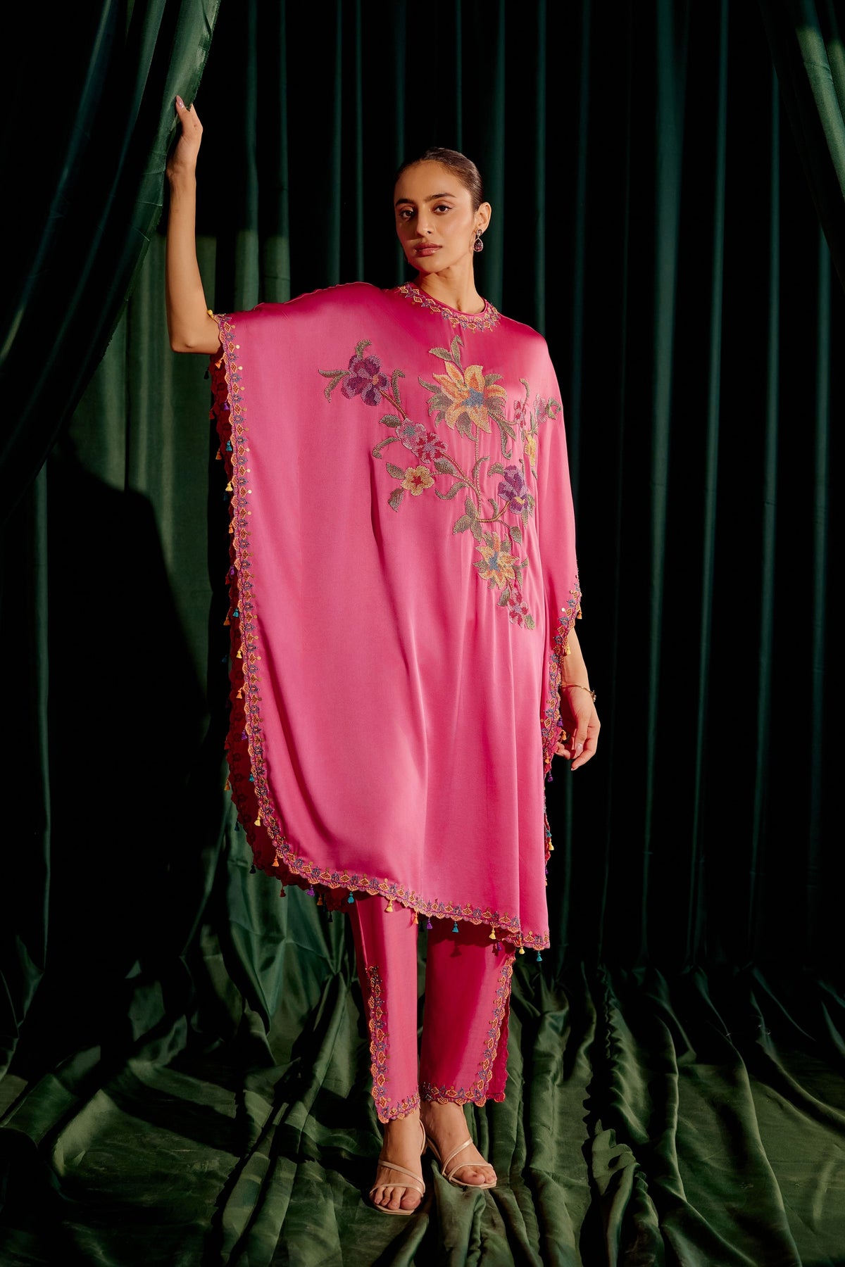 Fuchsia Floral Beadwork Kaftan Set