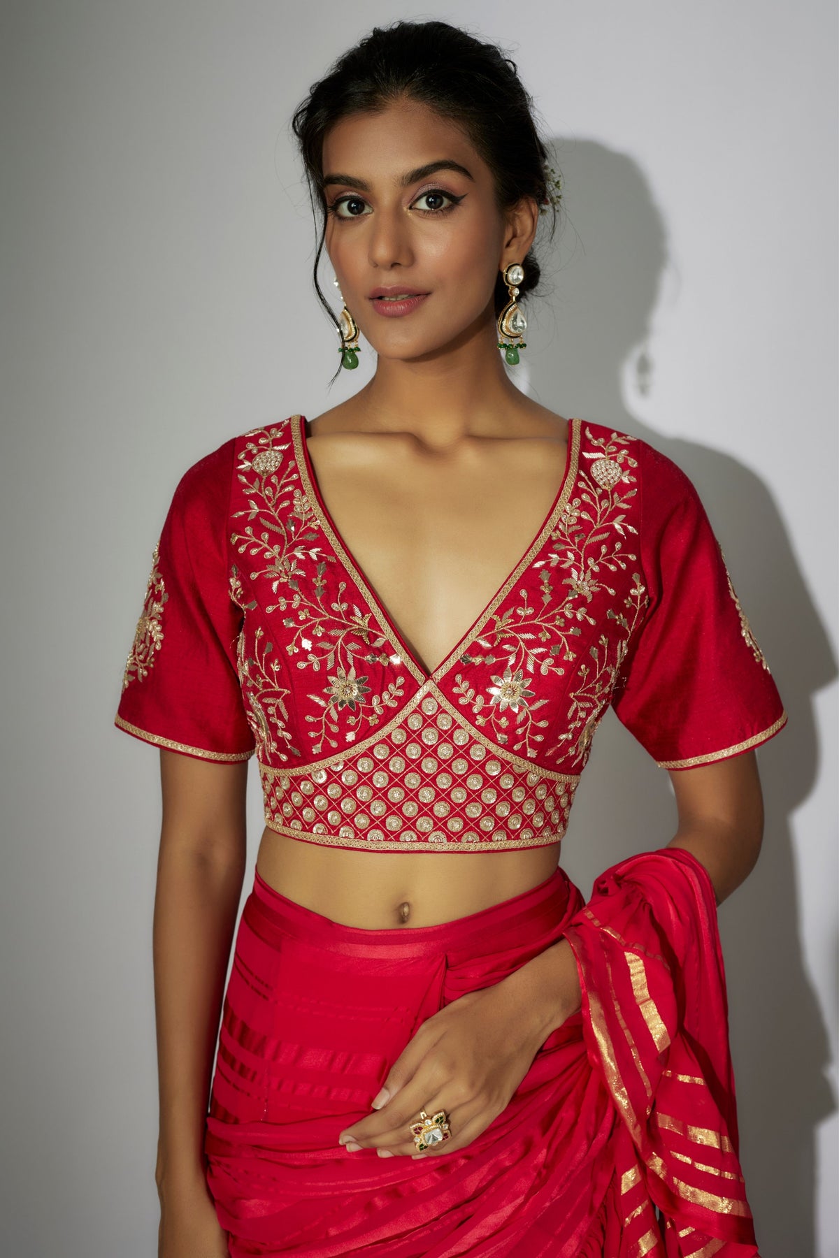 Cherry Red Pre-stitched Saree Set