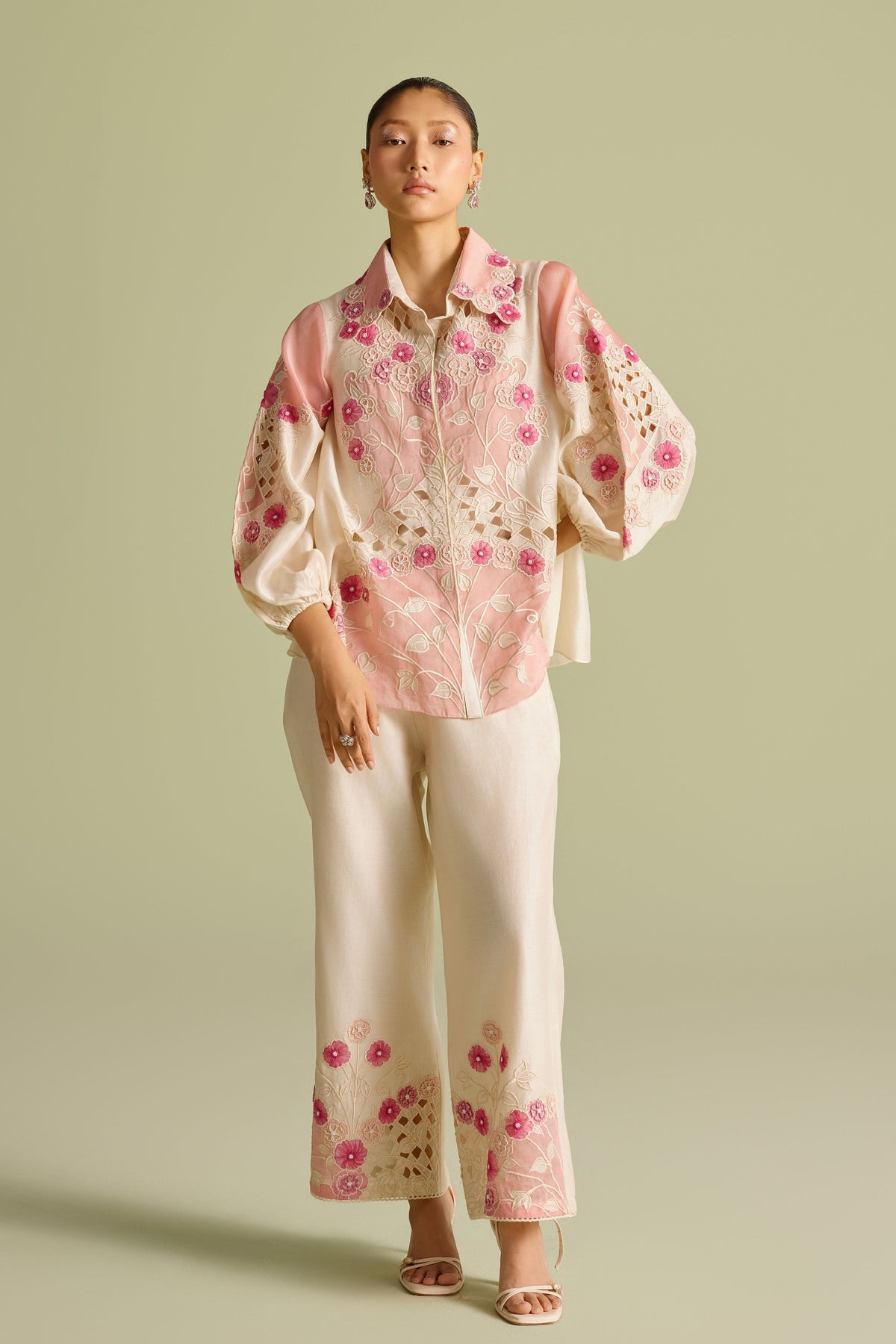 Pinkish Ivory Panelled  Applique Shirt