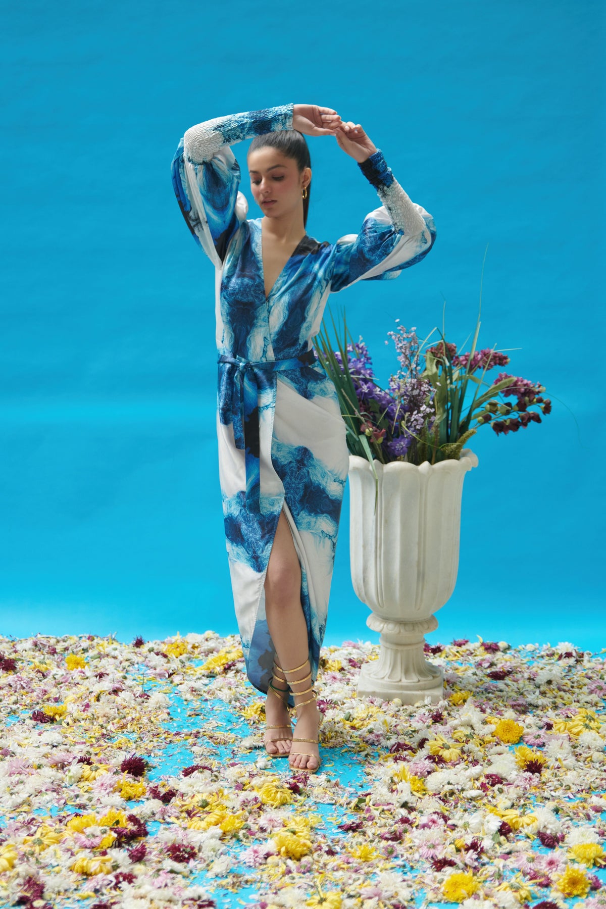 Blue Wave Printed Wrap-on Dress