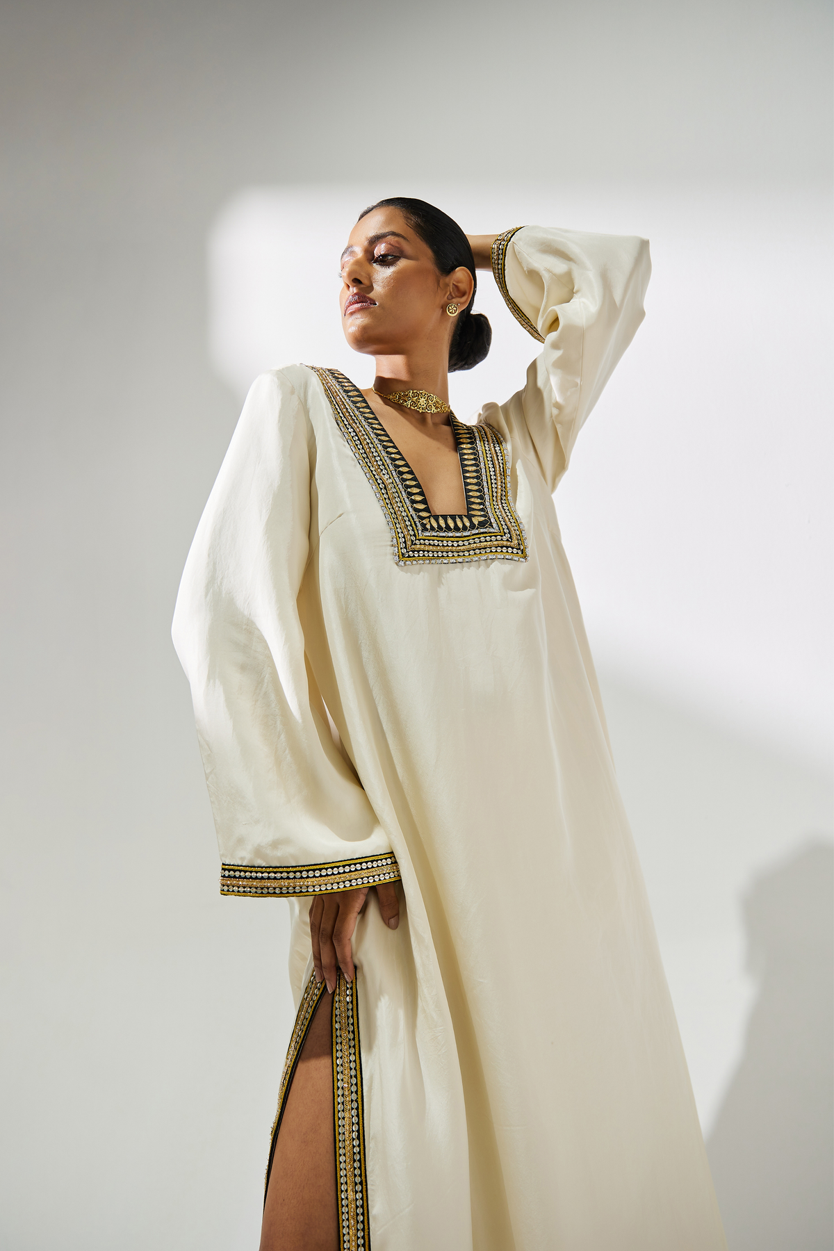 Ivory And Black Silk Kaftan