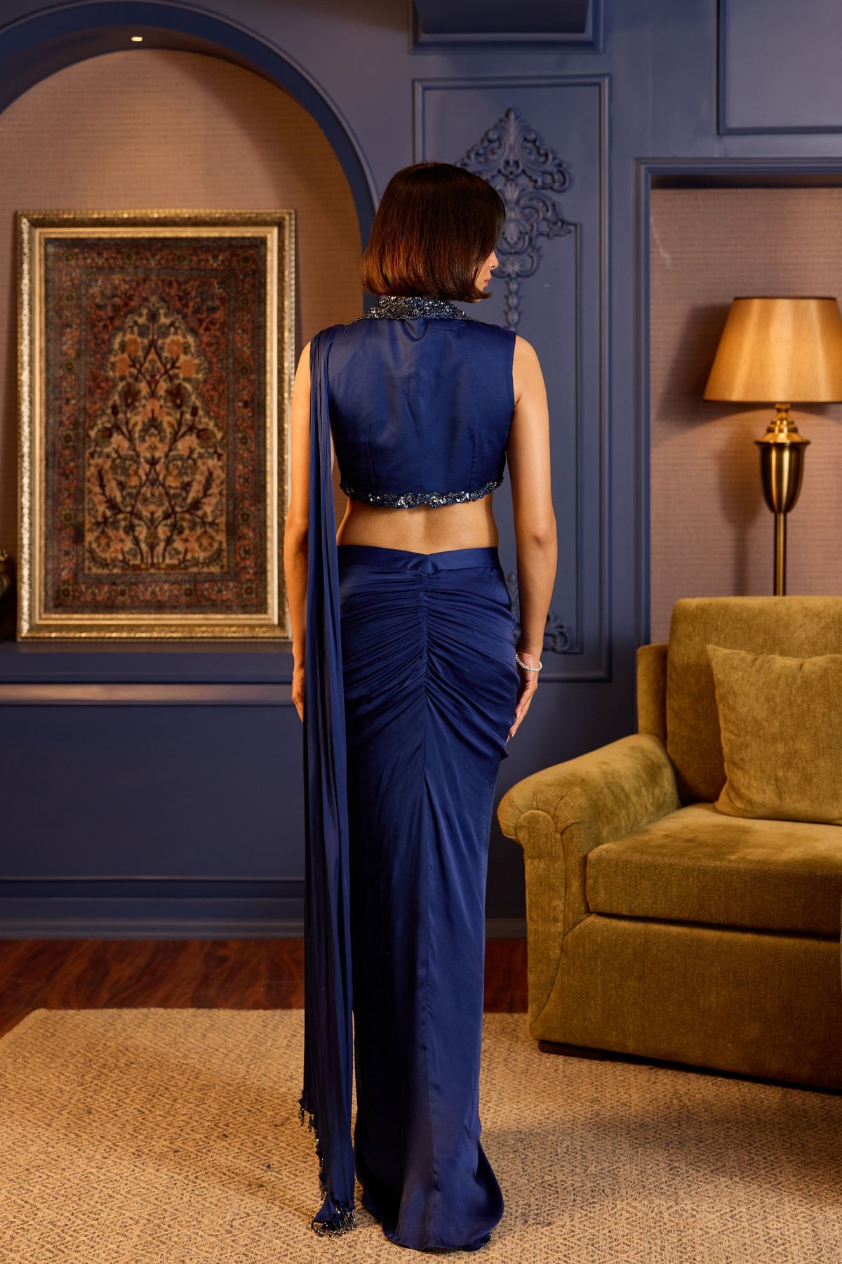 Blue Ruched Back Satin Saree