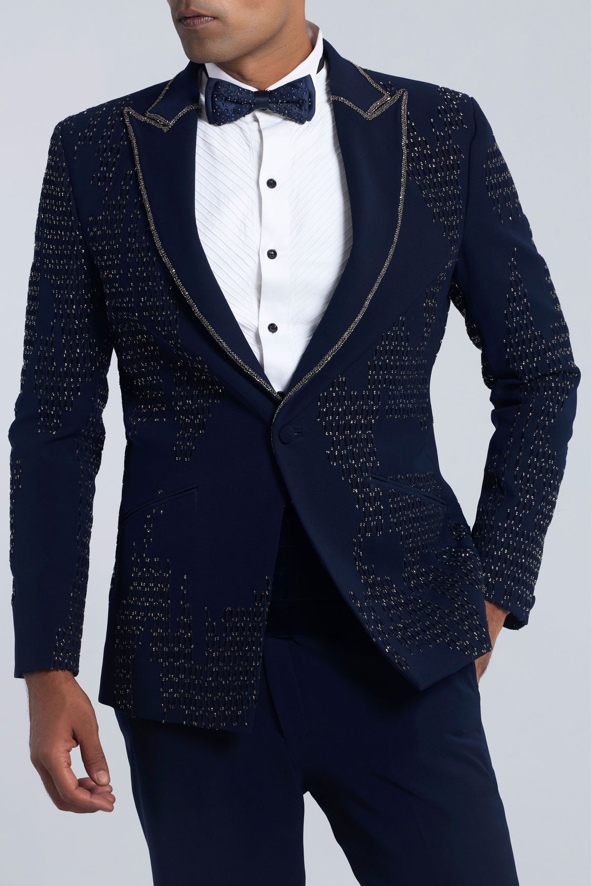 Navy Blue Sandwash Pearl Embroidered Tuxedo Set